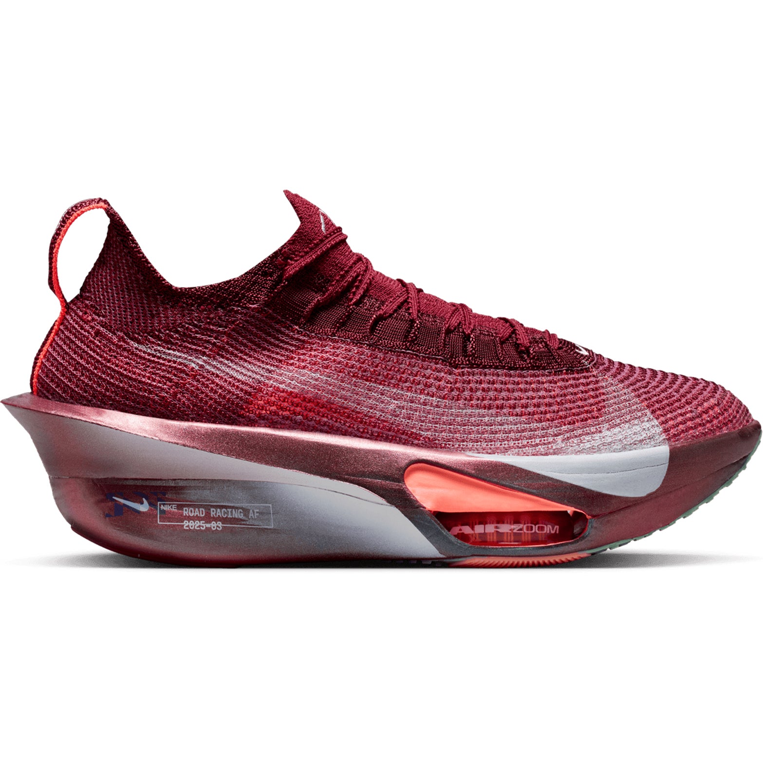Women's Nike Alphafly 3 SE Running Shoes Team Red Bright Crimson Barely Green outer side view showing dual Air Zoom units with ZoomX foam and full-length carbon fibre plate for elite marathon racing
