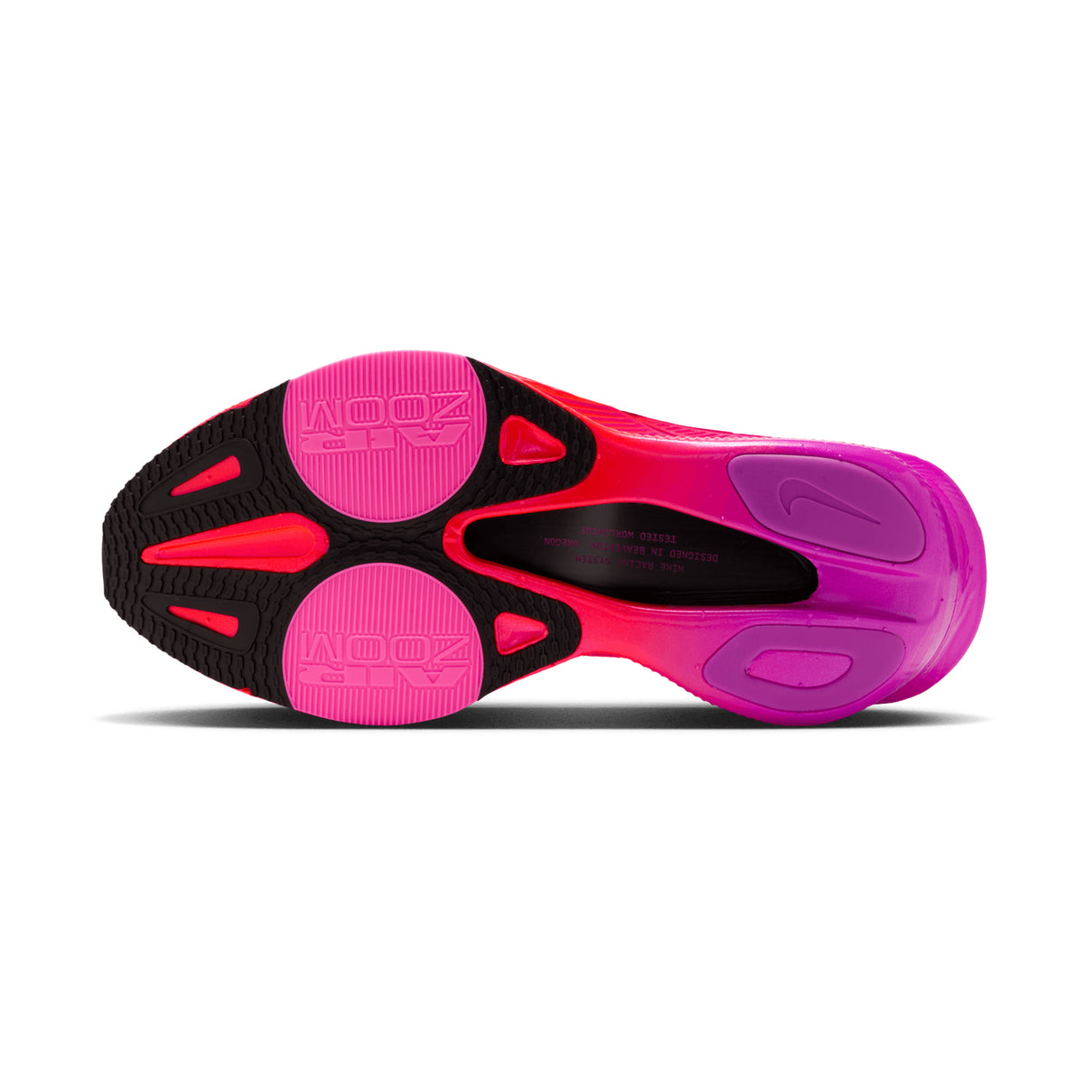 Bottom view of a Women’s Alphafly 4 Running Shoes Hyper Pink / Black-Fuchsia Blast showing two prominent Air Zoom cushioning pods under the forefoot.