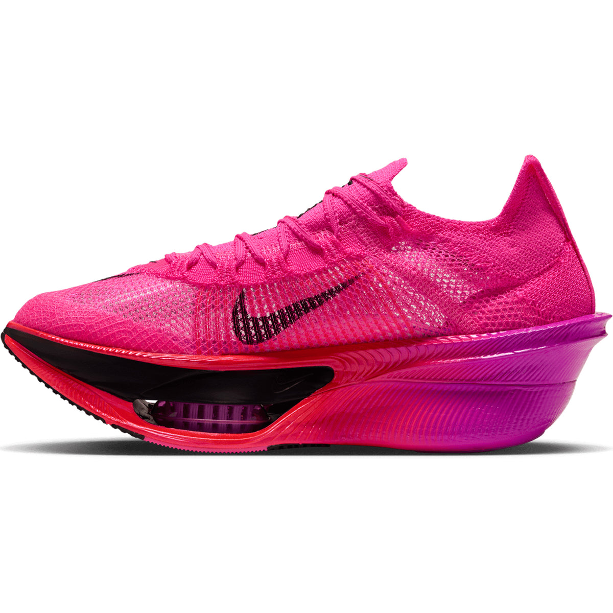 Women’s Alphafly 4 Running Shoes Hyper Pink / Black-Fuchsia Blast with a black swoosh and a thick, chunky sole that transitions from black to fuchsia.
