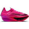 Hyper Pink / Black-Fuchsia Blast Nike Women’s Alphafly 4 running shoe with a prominent black swoosh and a thick, chunky sole.