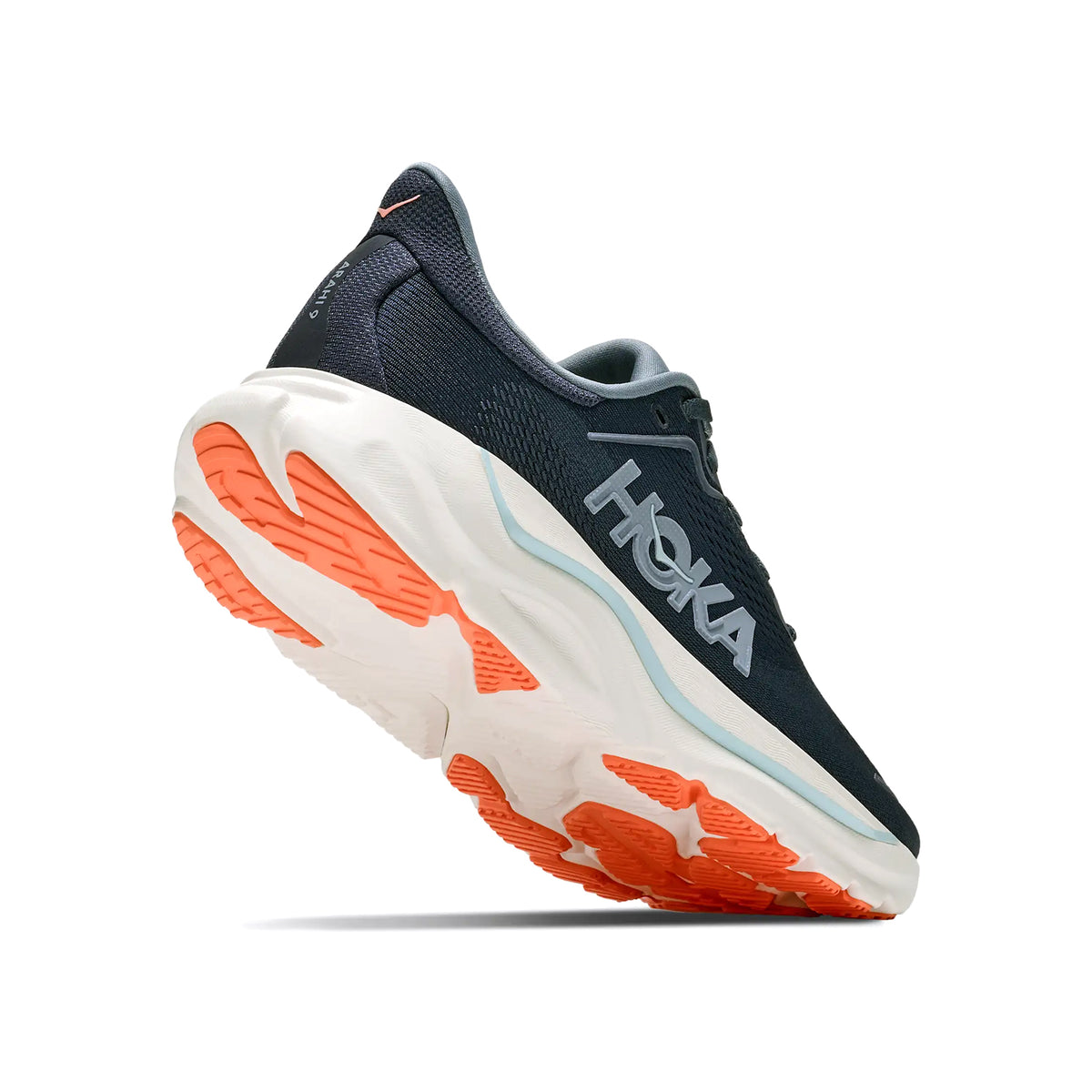 Women's HOKA Arahi 9 Running Shoes Varsity Navy Faded Navy heel view showing dual-density compression moulded EVA foam with H-Frame stability technology for cloud-like cushioning and overpronation control
