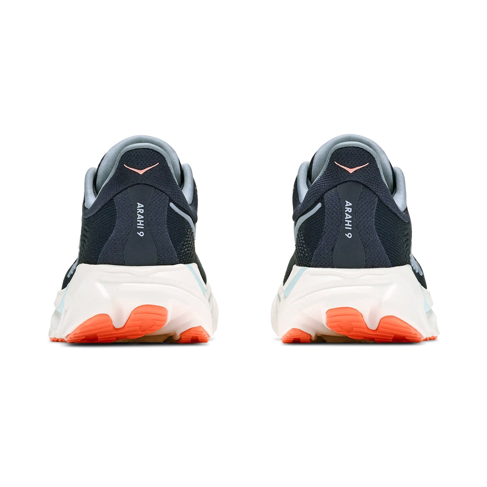 Women's HOKA Arahi 9 Running Shoes Varsity Navy Faded Navy heel view showing dual-density compression moulded EVA foam with H-Frame stability technology for cloud-like cushioning and overpronation control
