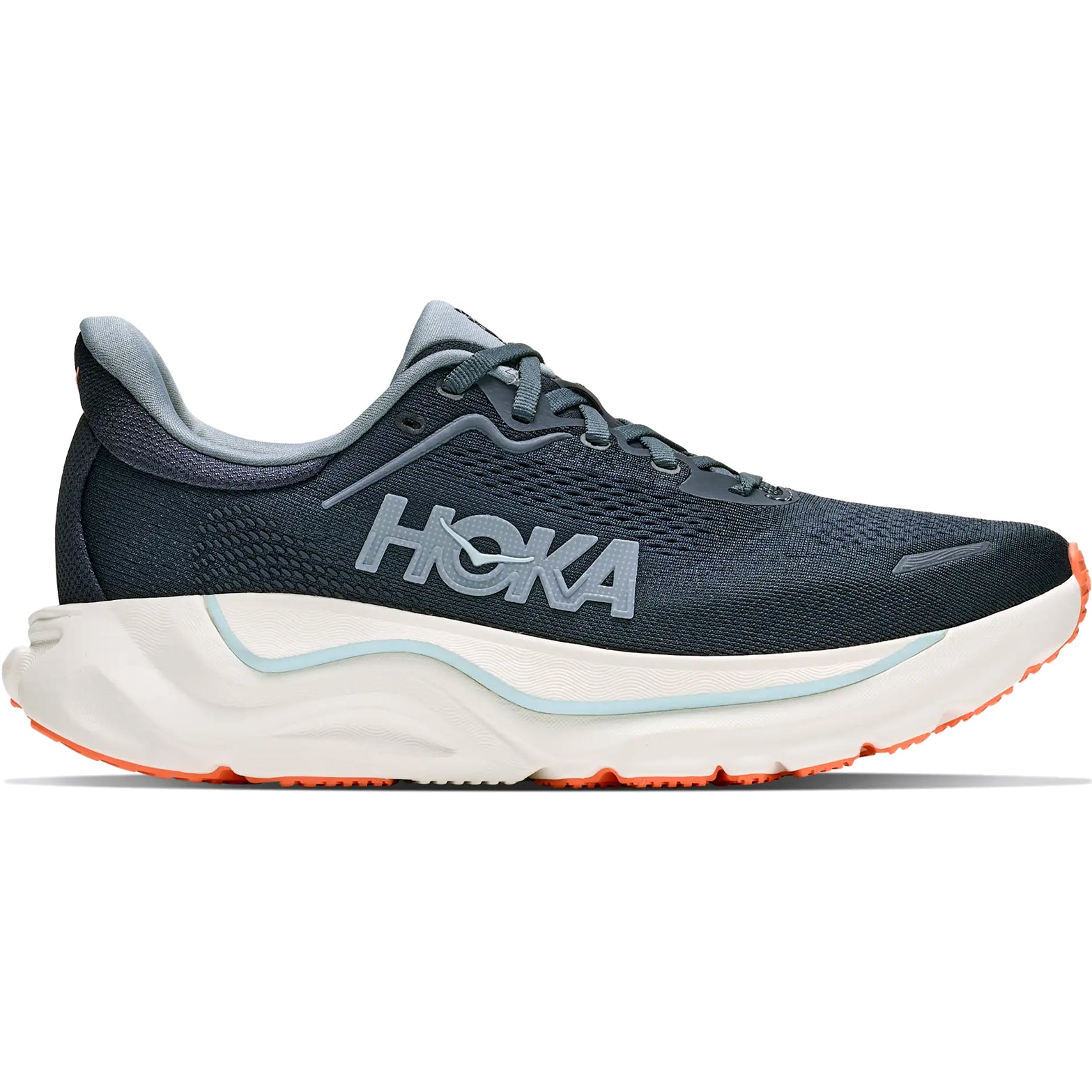 Women's HOKA Arahi 9 Running Shoes Varsity Navy Faded Navy outer side view showing enhanced H-Frame stability technology with dual-density compression moulded EVA foam for daily overpronation control