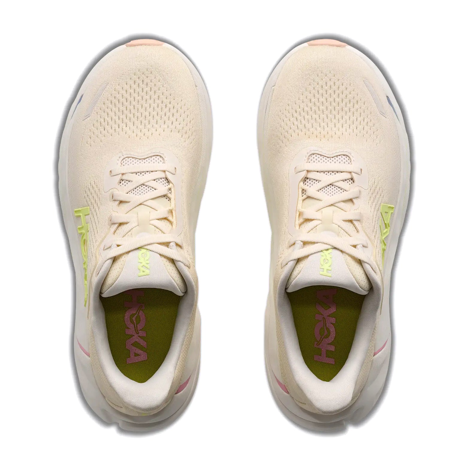 Women's HOKA Arahi 9 Running Shoes Vintage Yellow Alabaster top view showing engineered mesh upper with tighter medial support, haptic prints and 3D silicone touchpoints for stability running