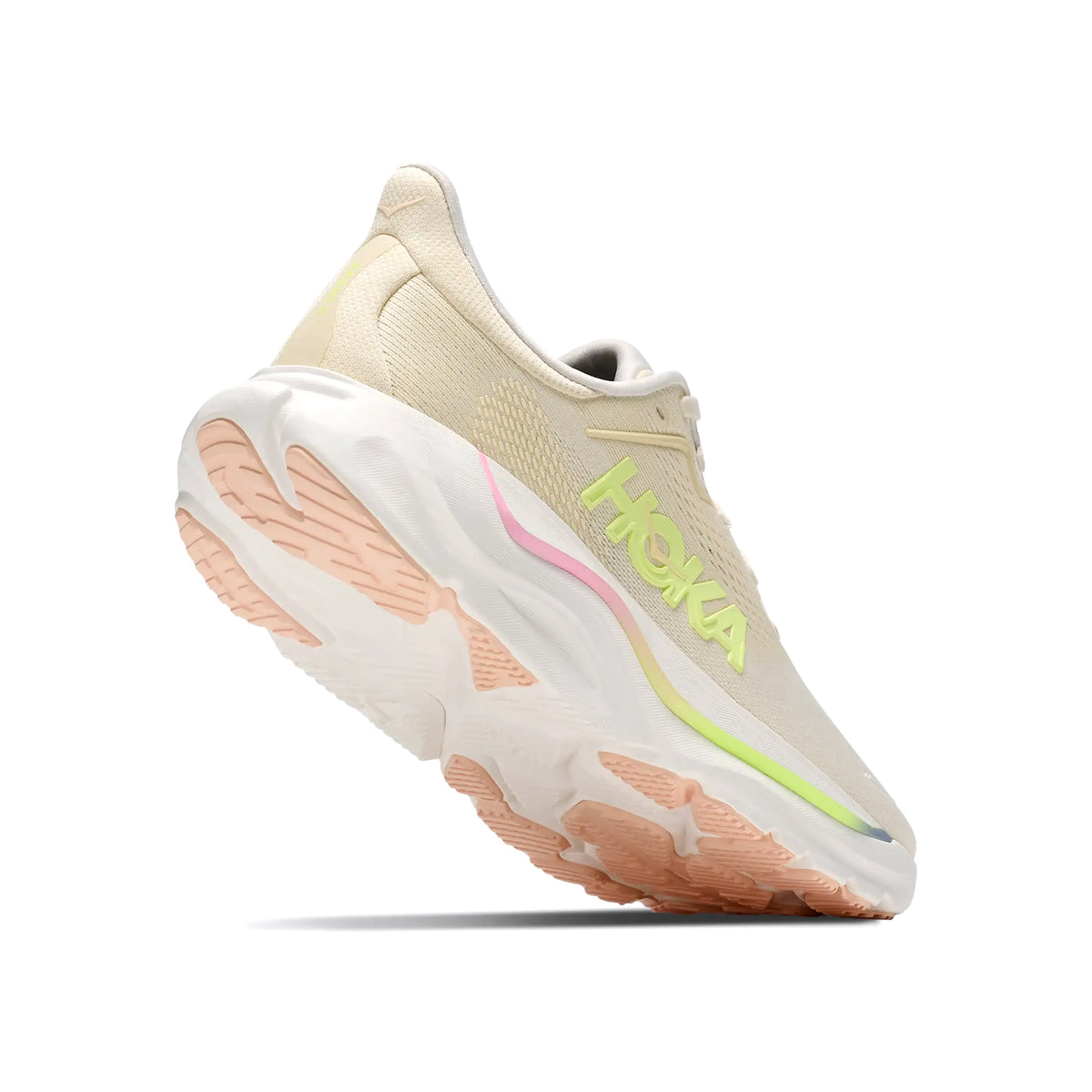 Women's HOKA Arahi 9 Running Shoes Vintage Yellow Alabaster angled side and heel view showing enhanced H-Frame stability system with dual-density EVA foam and super abrasion rubber outsole for plush cushioned daily stability running