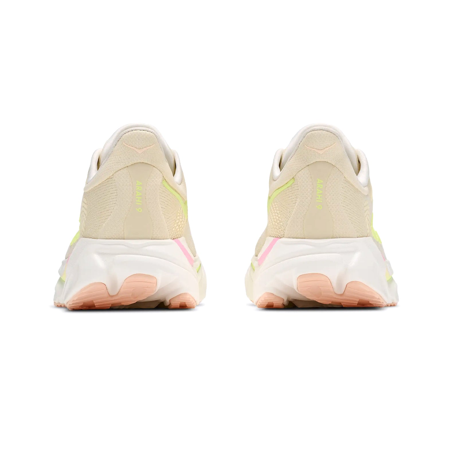 Women's HOKA Arahi 9 Running Shoes Vintage Yellow Alabaster heel view showing dual-density compression moulded EVA foam with H-Frame stability technology for cloud-like cushioning and overpronation control