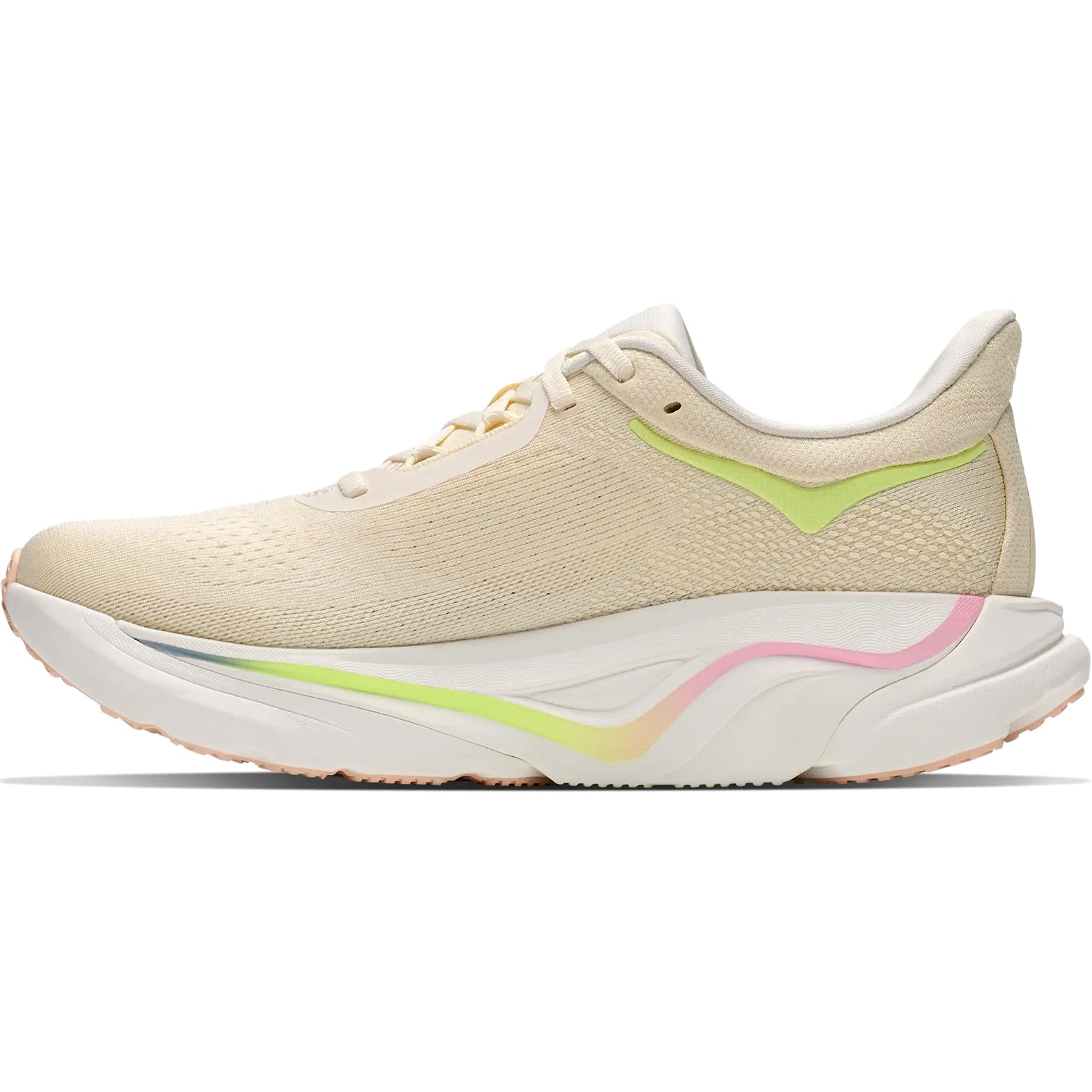 Women's HOKA Arahi 9 Running Shoes Vintage Yellow Alabaster inner side view showing H-Frame technology with tighter medial mesh support and dual-density EVA foam for smooth stable gait cycle