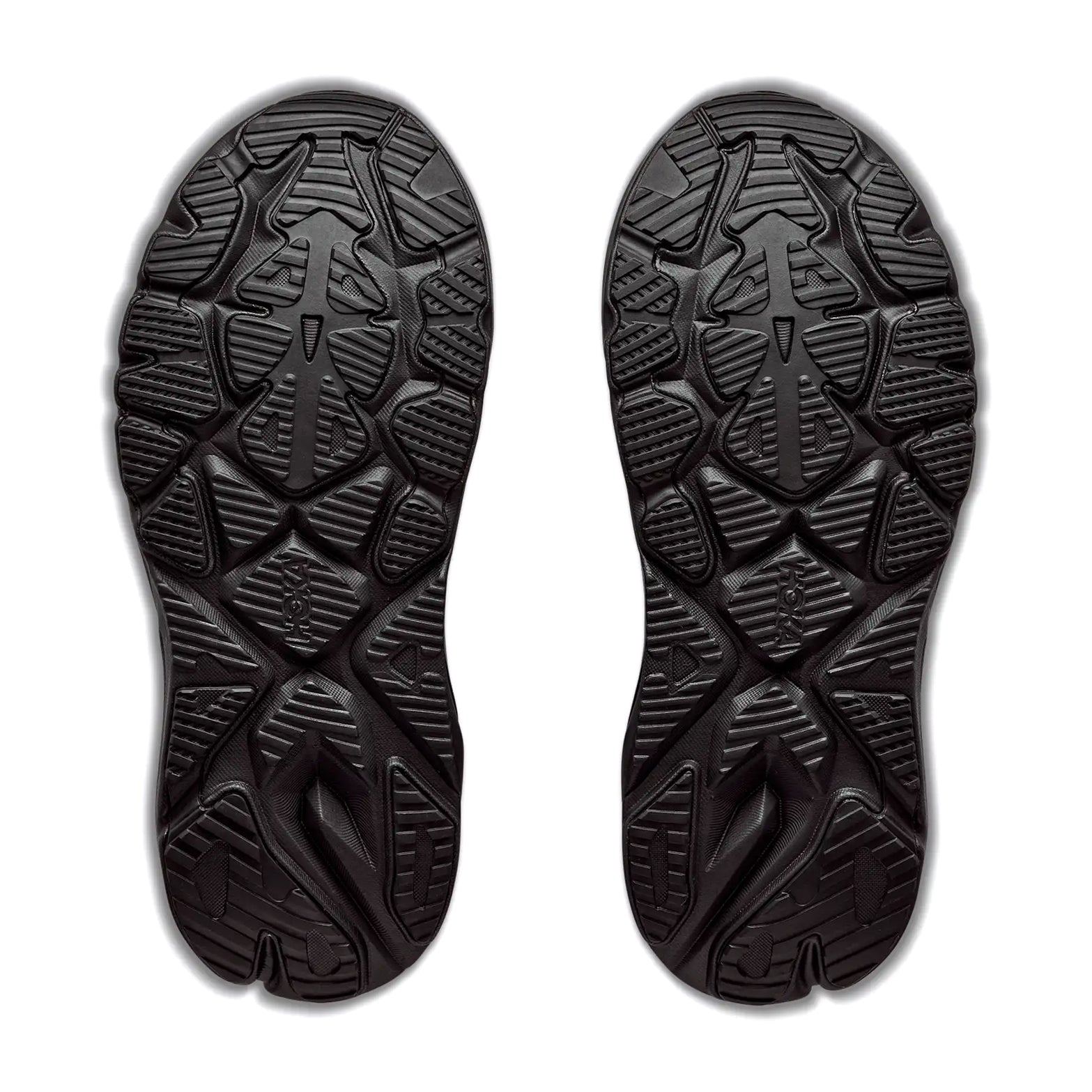 Women's HOKA Arahi 9 Wide Fit Running Shoes Black Black sole view displaying super abrasion rubber outsole with podular design and wide fit platform for enhanced durability in high-wear zones
