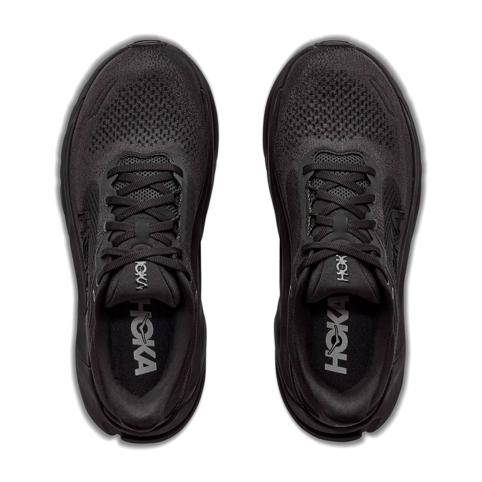 Women's HOKA Arahi 9 Wide Fit Running Shoes Black Black top view showing engineered mesh upper with tighter medial support, wide fit design and haptic prints for stability running