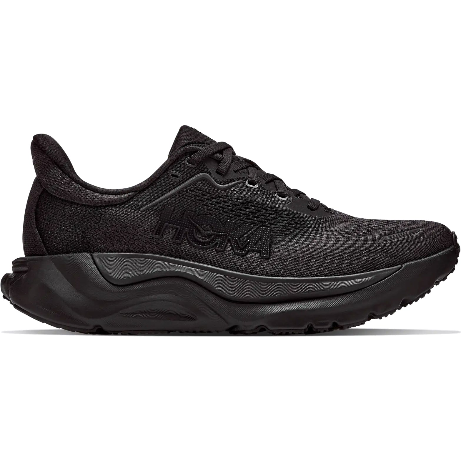 Women's HOKA Arahi 9 Wide Fit Running Shoes Black Black outer side view showing enhanced H-Frame stability technology with dual-density compression moulded EVA foam and wide fit for daily overpronation control