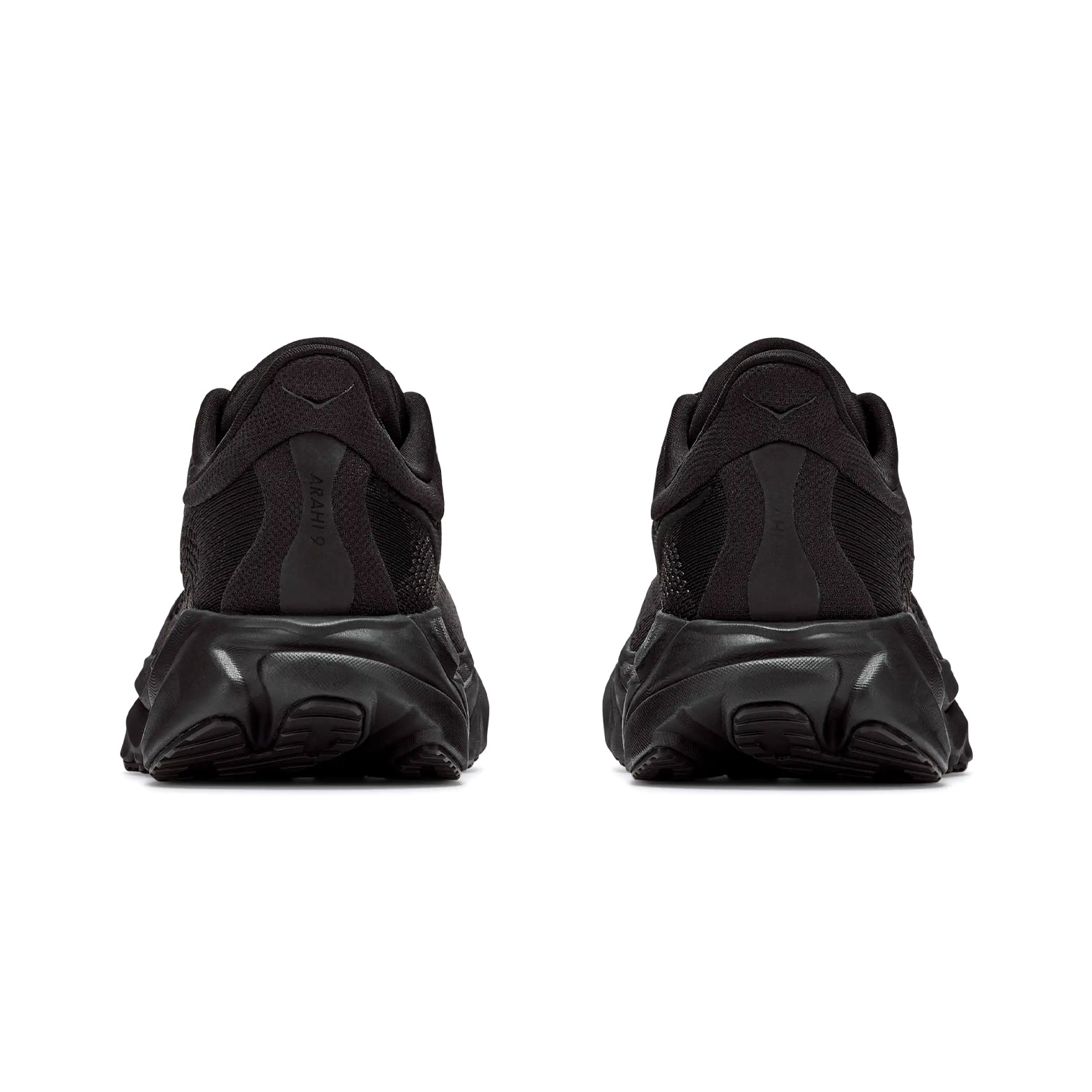 Women's HOKA Arahi 9 Wide Fit Running Shoes Black Black heel view showing dual-density compression moulded EVA foam with H-Frame stability technology and wide fit construction for cloud-like cushioning