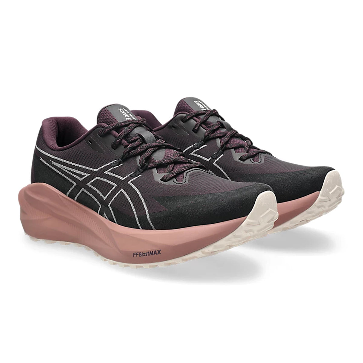 A pair of black and pink Asics running shoes with white soles, featuring white detailing and the Asics logo on the sides, displayed against a white background.