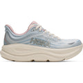 The HOKA Women’s Bondi 9 Glimmers Running Shoes in Alabaster / Mineral Blue feature a thick, ultra-cushioned sole and the signature HOKA logo on the side, with pink accents on the tongue and collar for all-day comfort.