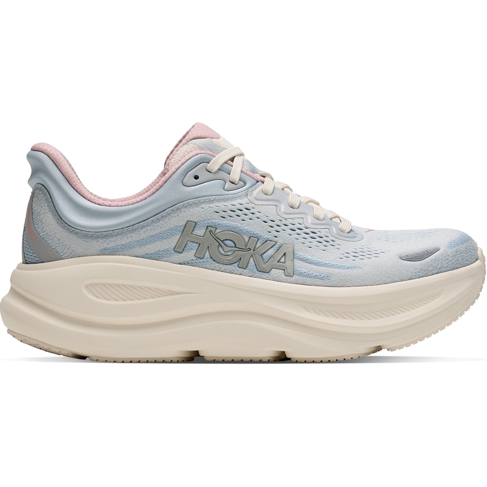 The HOKA Women’s Bondi 9 Glimmers Running Shoes in Alabaster / Mineral Blue feature a thick, ultra-cushioned sole and the signature HOKA logo on the side, with pink accents on the tongue and collar for all-day comfort.