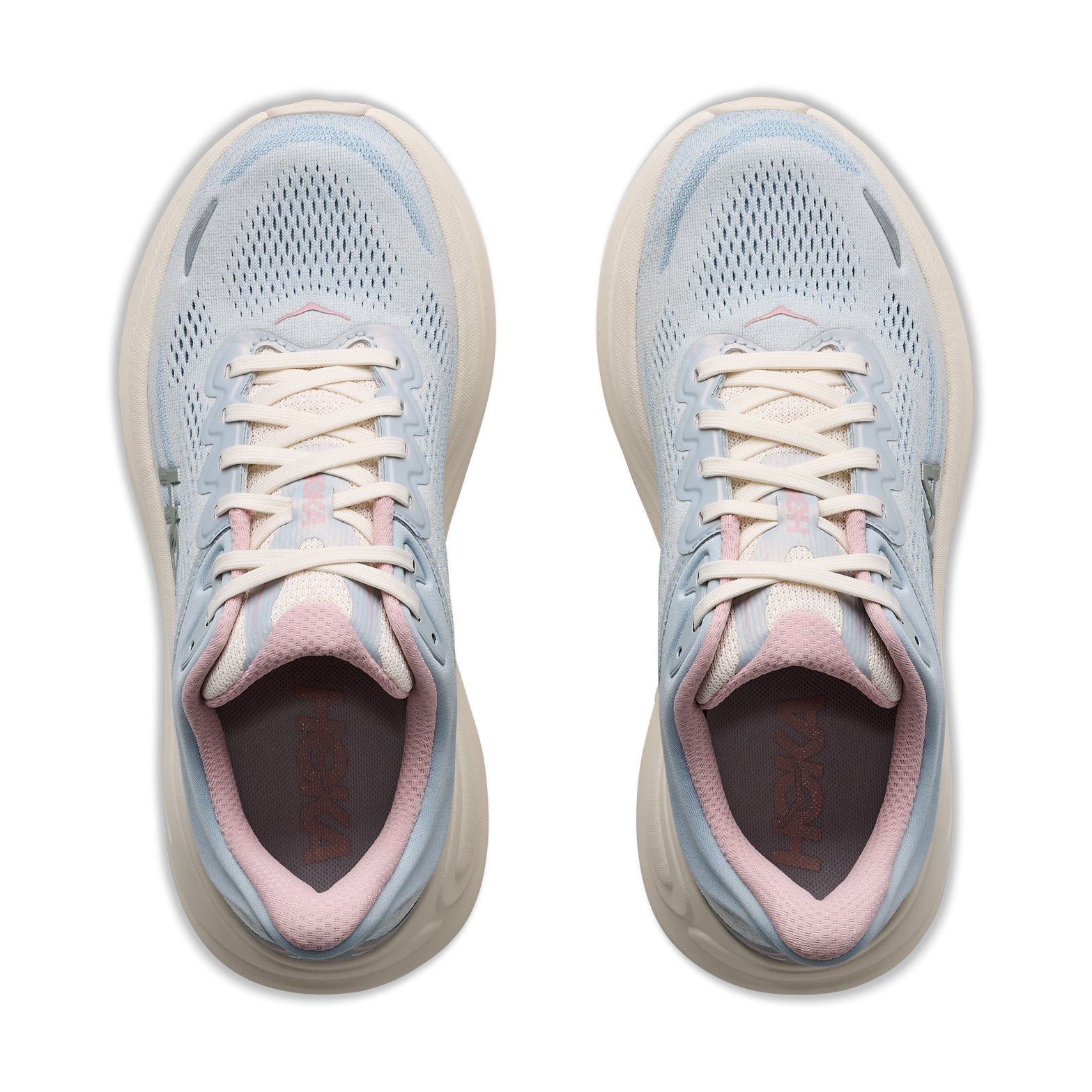A pair of Hoka Women’s Bondi 9 Glimmers Running Shoes in Alabaster / Mineral Blue, featuring ultra-cushioned support, white laces, pink accents, and breathable mesh uppers, viewed from above on a white background—perfect for all-day comfort.