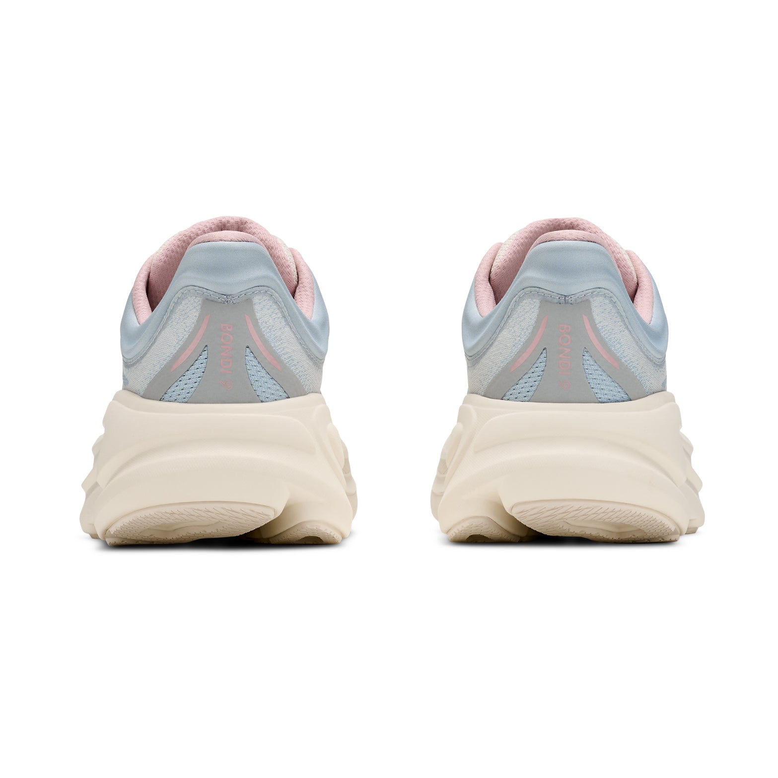 A pair of Hoka Women’s Bondi 9 Glimmers Running Shoes in Alabaster and Mineral Blue are shown from the back, highlighting the chunky, light blue and pink uppers paired with thick off-white soles. Designed for ultra-cushioned support, these running shoes promise all-day comfort, set against a white background.