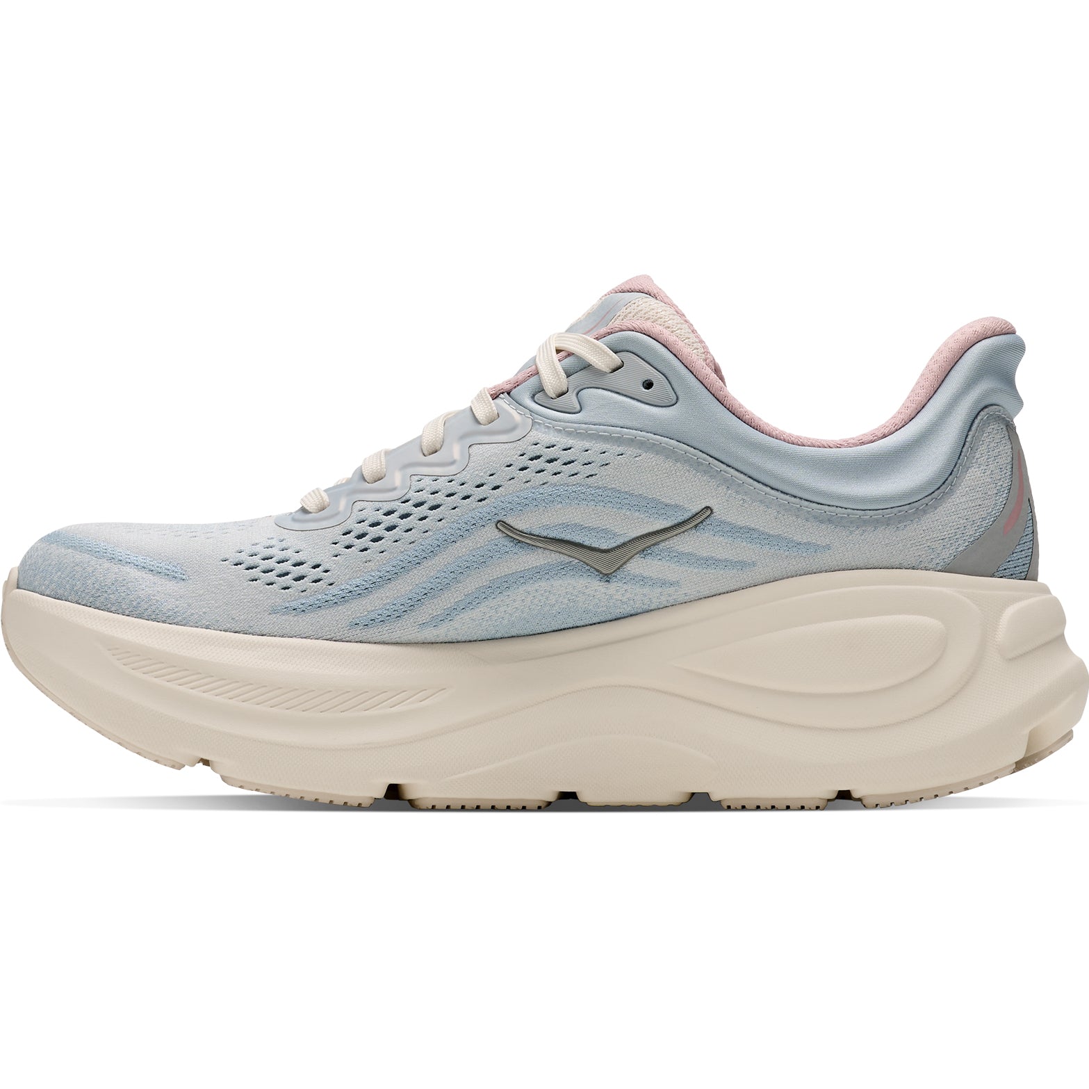The Women’s Bondi 9 Glimmers Running Shoes by Hoka in Alabaster and Mineral Blue feature a thick, sculpted sole, subtle wavy patterns on the sides, a light pink inner lining, and a sleek, minimalist design for ultra-cushioned all-day comfort.
