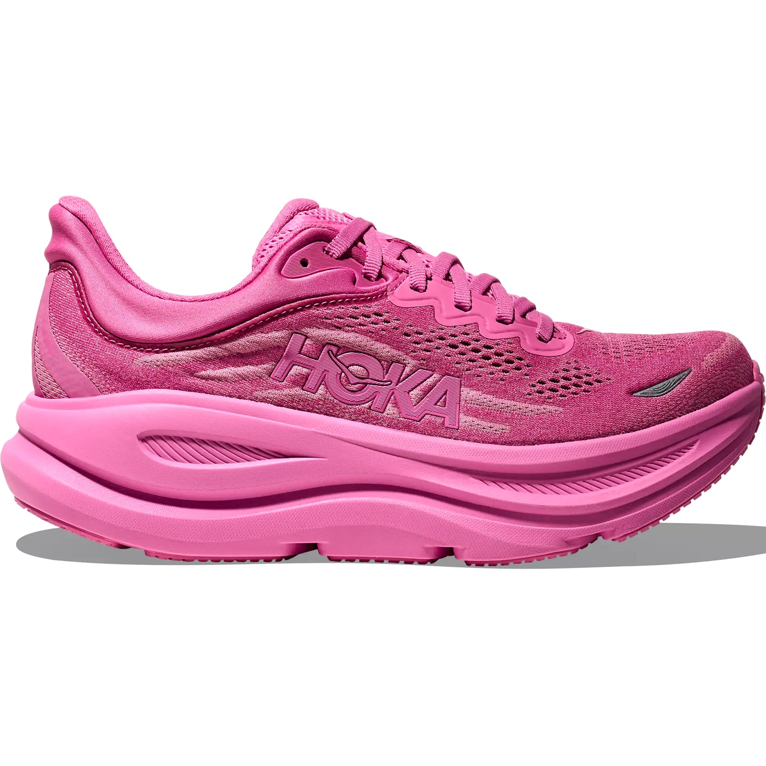 HOKA Bondi 9 women's running shoe in Crabapple / Crabapple — outer view showing crabapple structured knit upper and super critical EVA foam midsole profile