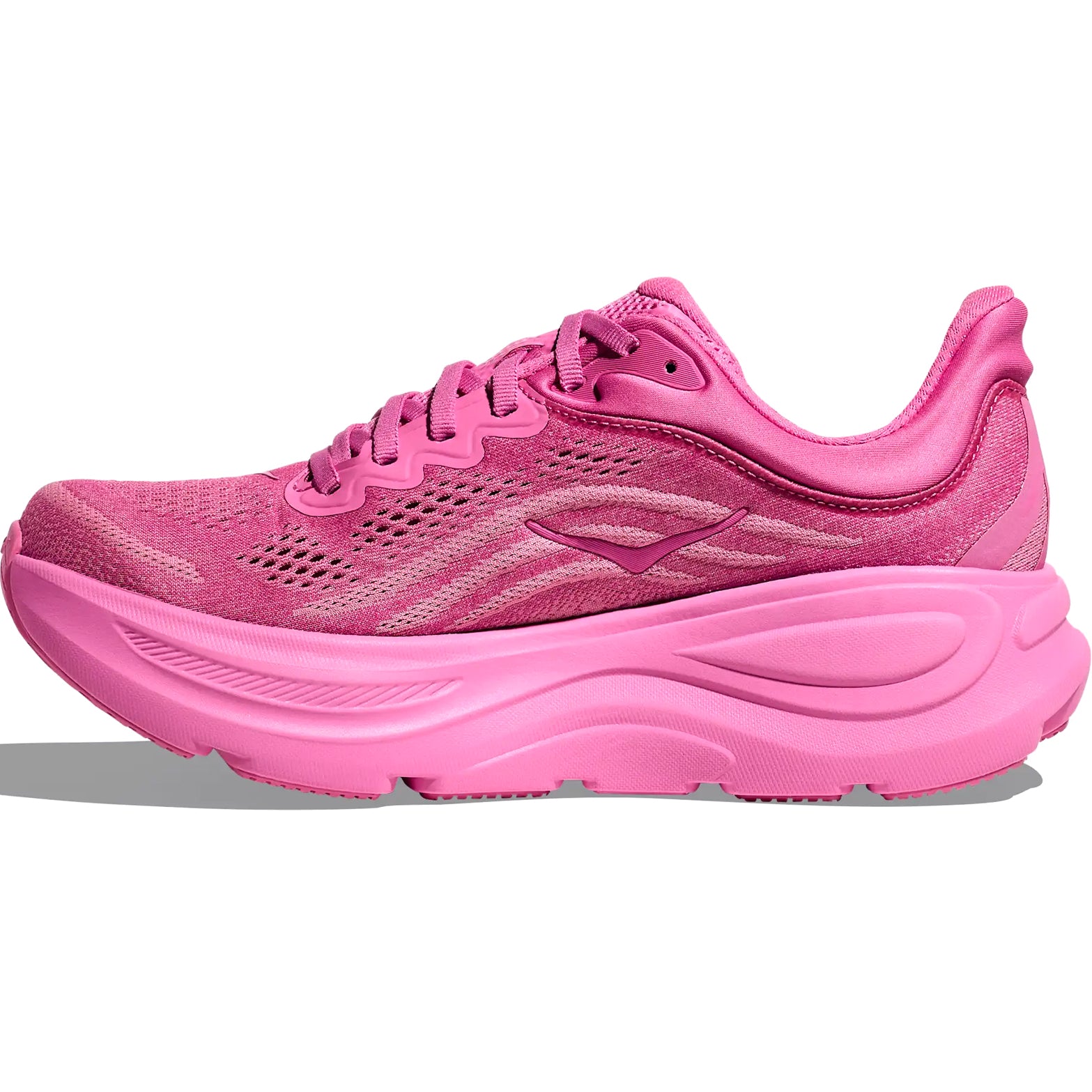 HOKA Bondi 9 women's running shoe in Crabapple / Crabapple — inner view showing crabapple structured knit upper, 3D moulded collar, Active Foot Frame heel construction and super critical EVA foam midsole