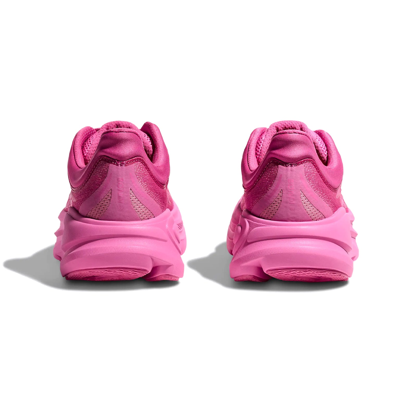 HOKA Bondi 9 women's running shoe in Crabapple / Crabapple — heel view showing 3D moulded collar, extended heel pull tab and crabapple super critical EVA foam midsole contrast