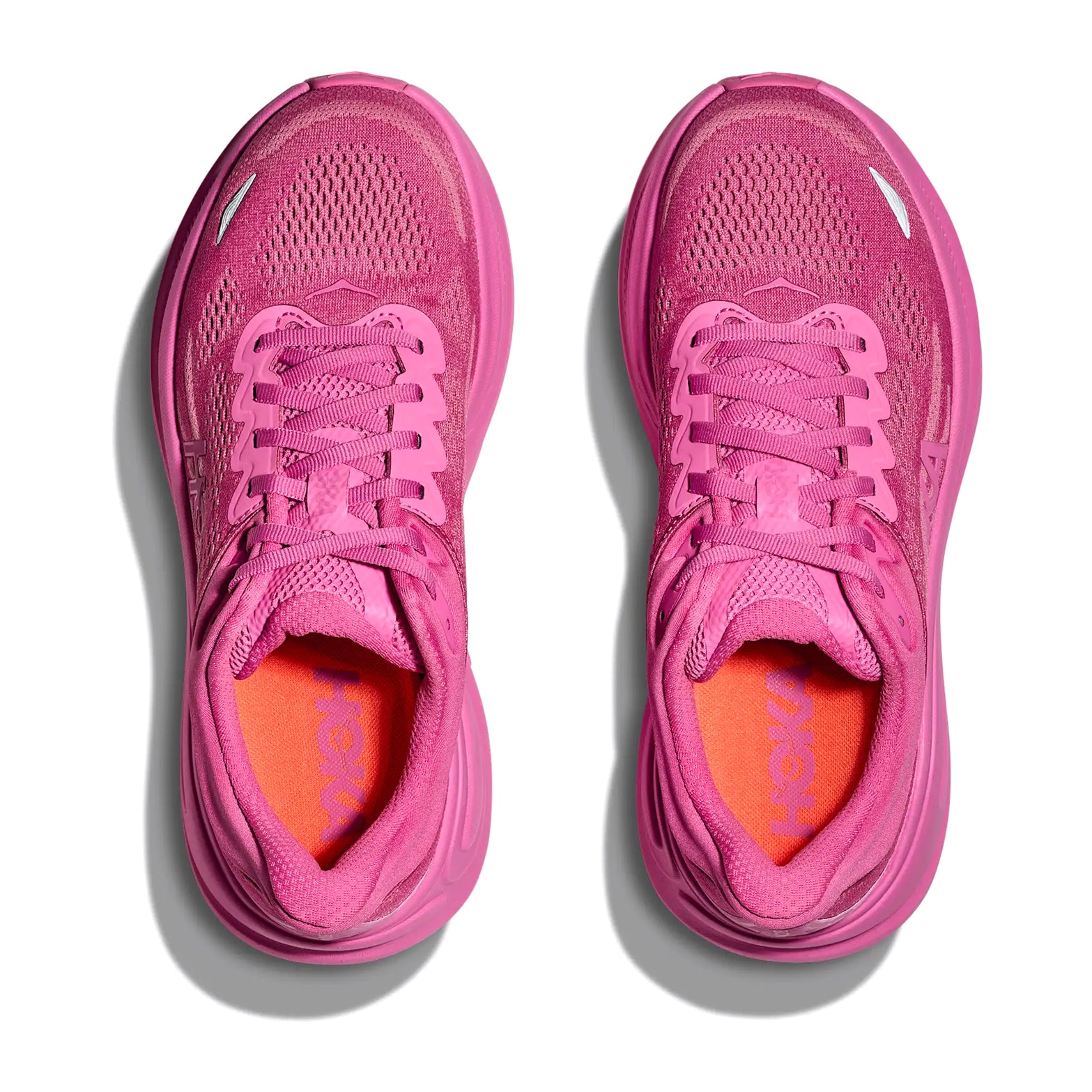 HOKA Bondi 9 women's running shoe in Crabapple / Crabapple — top-down view showing crabapple structured knit upper with zonal breathability and extended heel pull tab