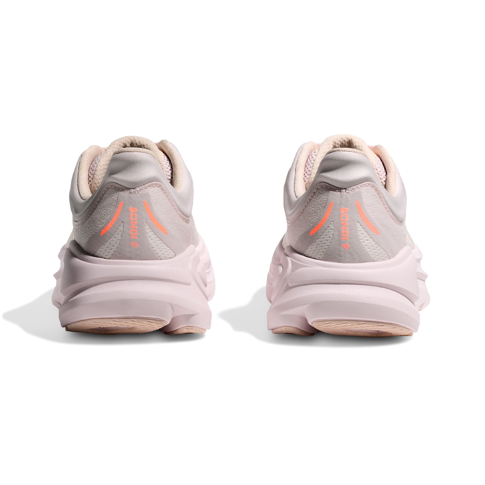 Women's HOKA Bondi 9 Running Shoes Lilac Cream Tangerine Glow heel view showing maximum foam stack with plush cushioning for high-mileage training and recovery runs