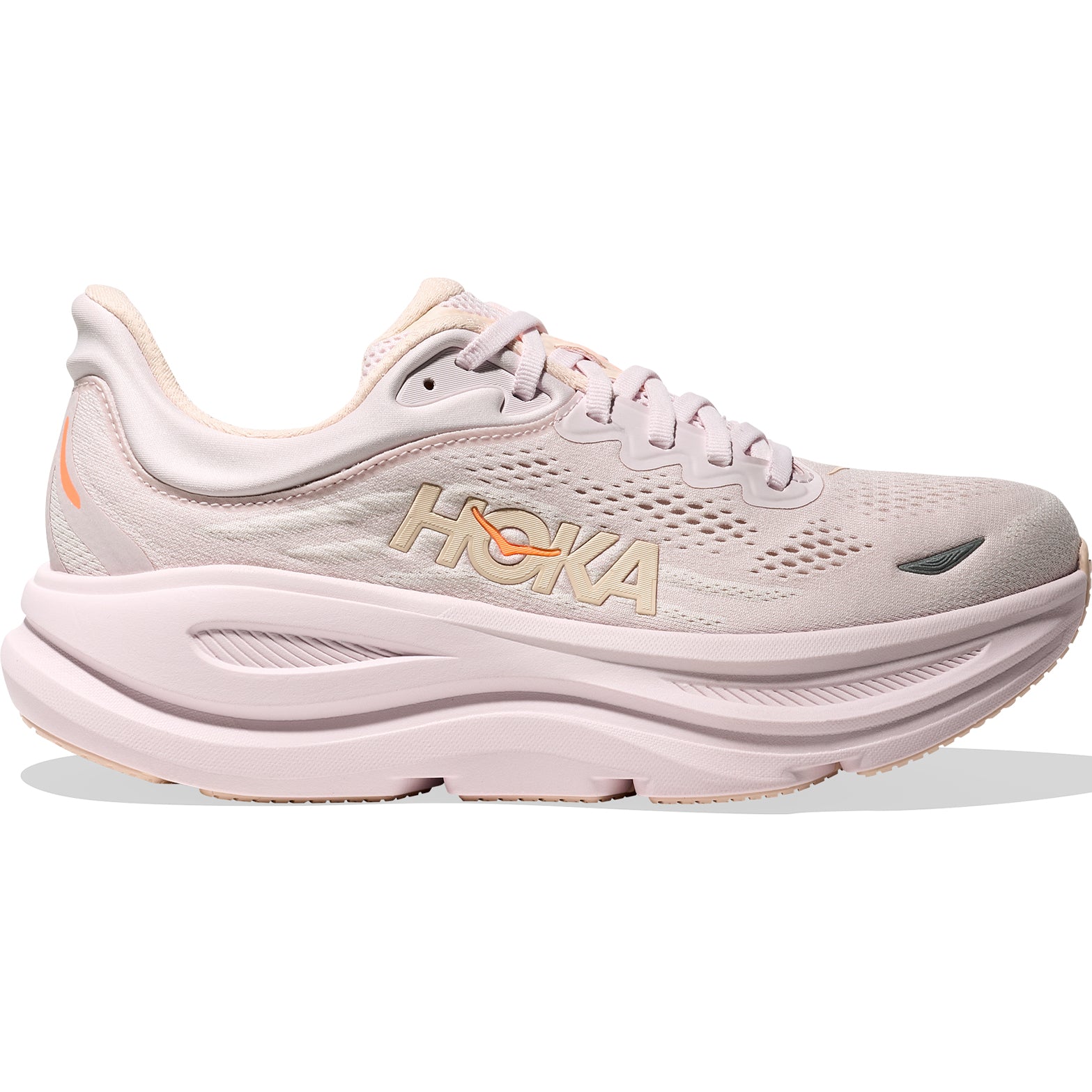Women's HOKA Bondi 9 Running Shoes Lilac Cream Tangerine Glow outer side view showing maximum cushioned foam stack with plush ride for daily road running