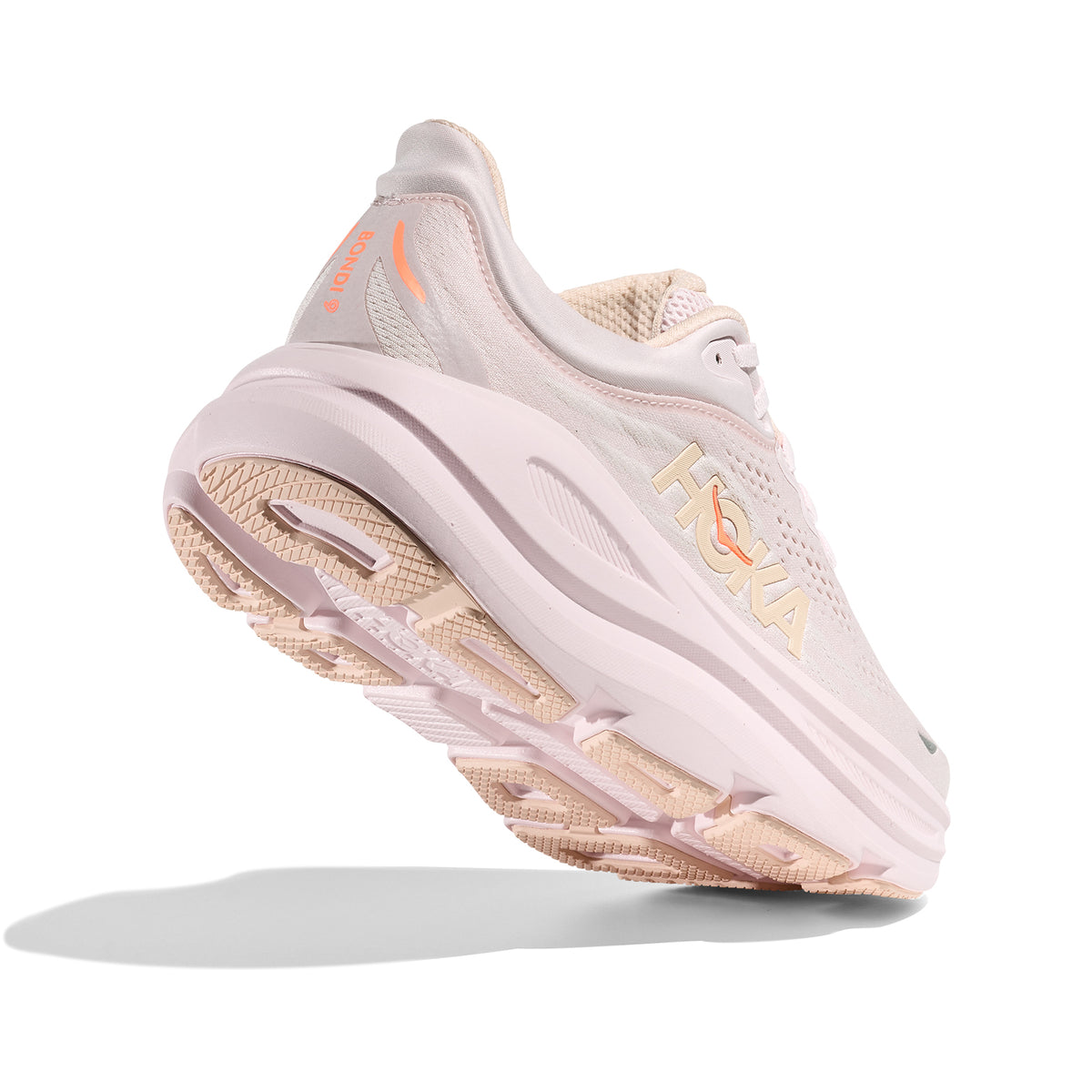 Women's HOKA Bondi 9 Running Shoes Lilac Cream Tangerine Glow angled side and heel view showing maximum cushioned plush foam with breathable upper and smooth transitions for soft comfortable daily road running and recovery