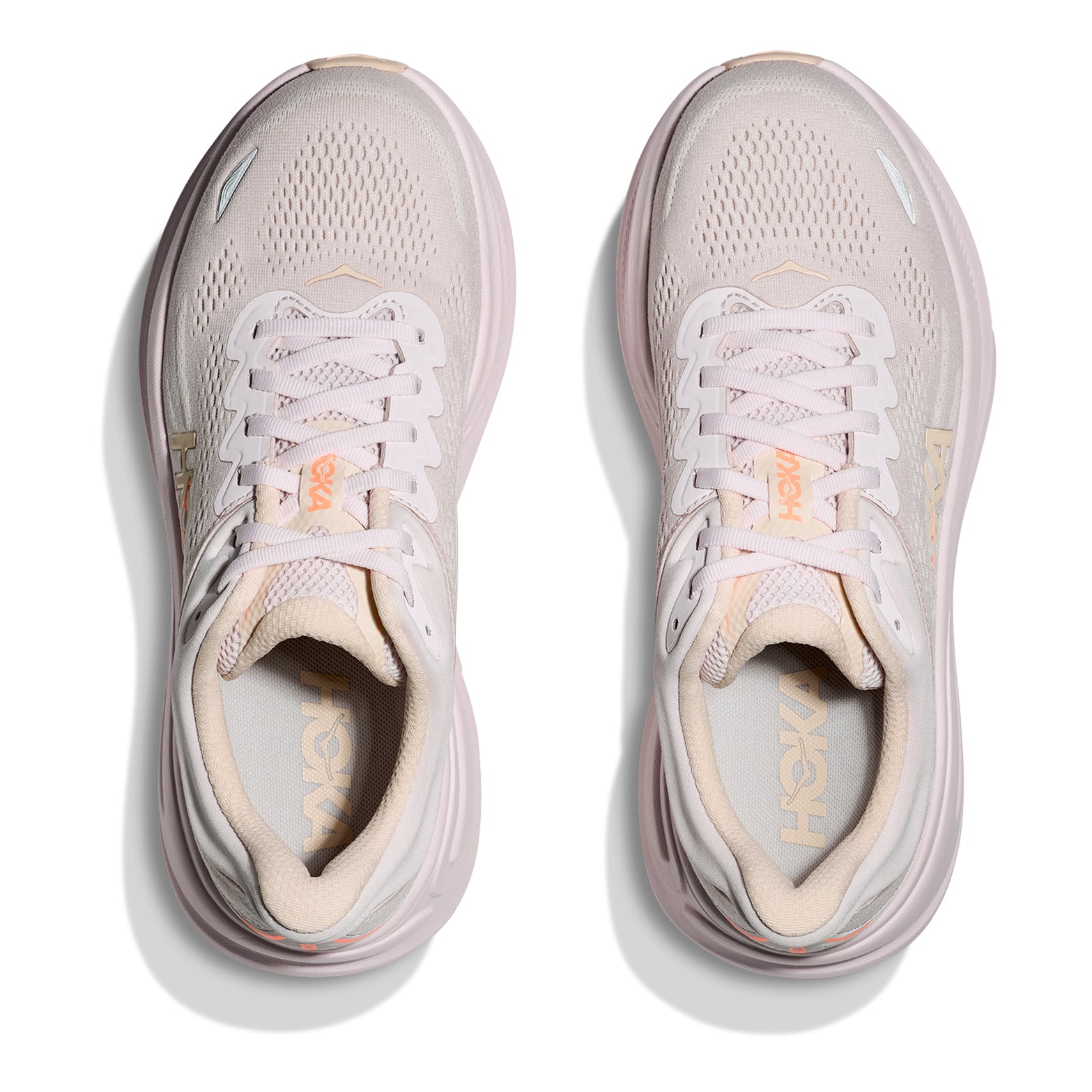 Women's HOKA Bondi 9 Running Shoes Lilac Cream Tangerine Glow top view showing breathable mesh upper with comfortable fit for daily road running