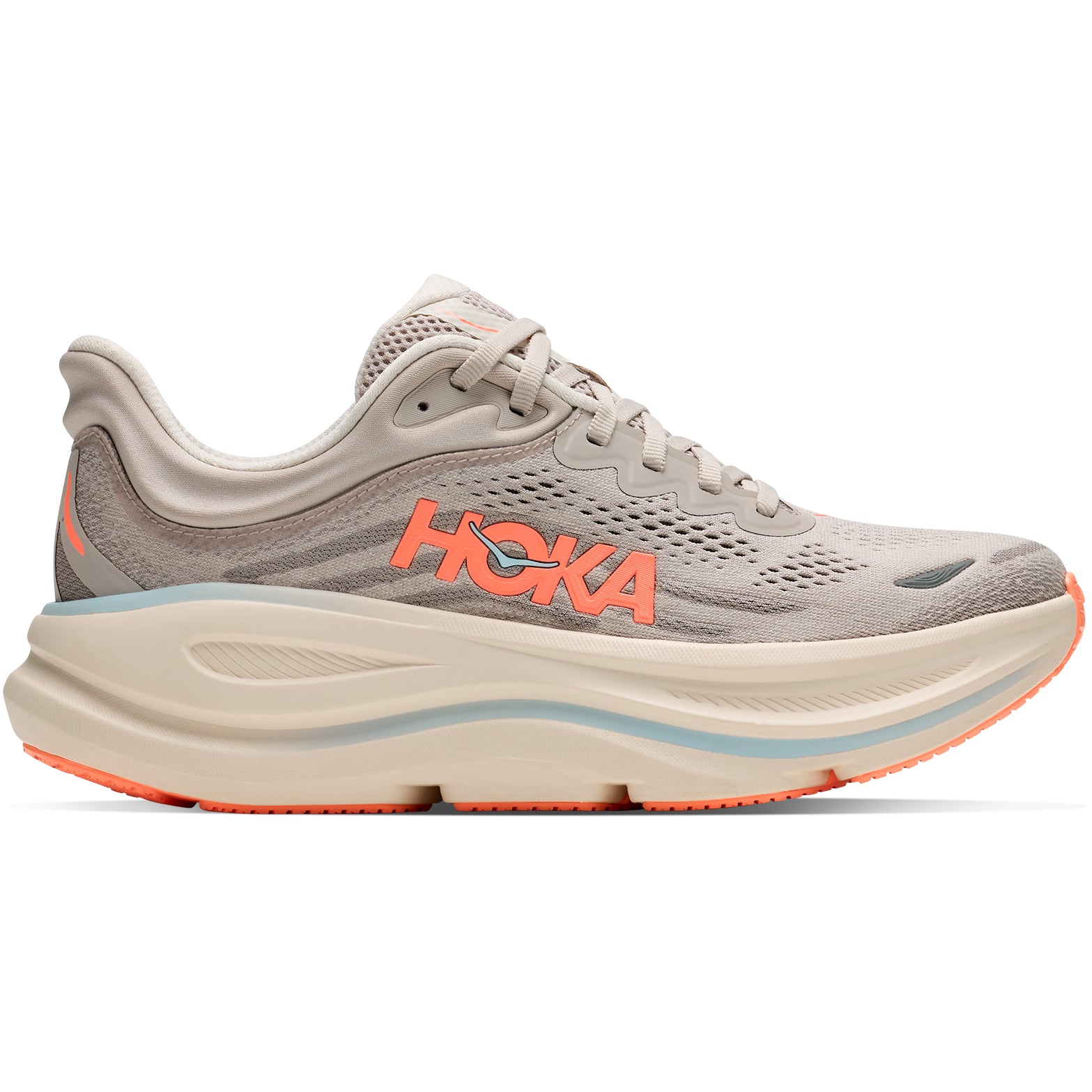 Women's HOKA Bondi 9 Running Shoes River Rock Grey Mineral Ore outer side view showing super critically foamed EVA midsole with increased stack height and smooth MetaRocker geometry for maximum cushioned daily running