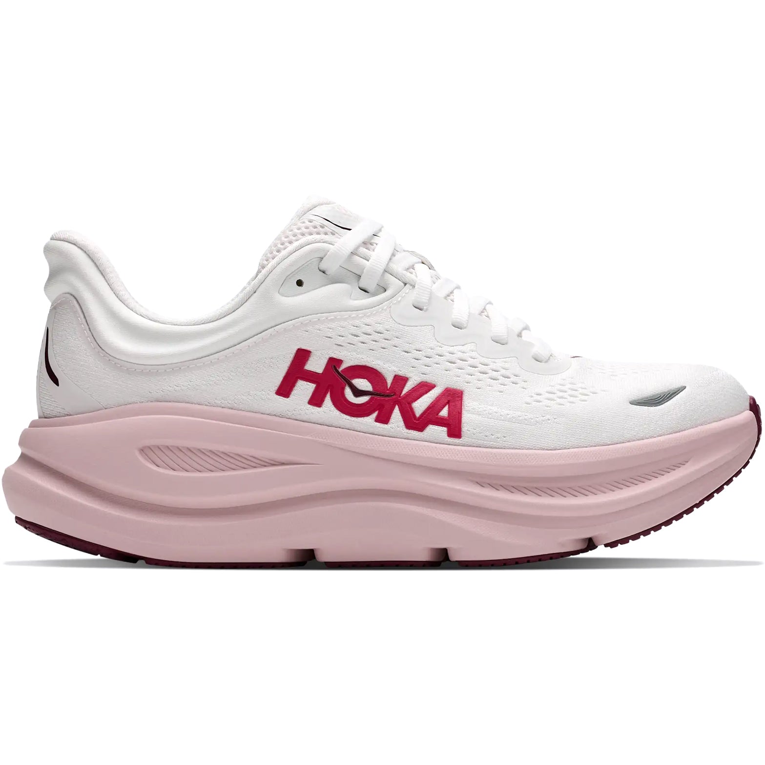 Women's HOKA Bondi 9 Running Shoes White Pink Opal outer side view showing super critically foamed EVA midsole with increased stack height and smooth MetaRocker geometry for maximum cushioned daily running