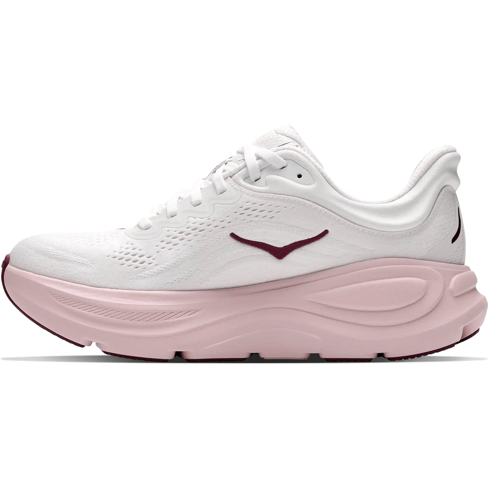 Women's HOKA Bondi 9 Running Shoes White Pink Opal inner side view showing Active Foot Frame rearfoot stability with super critical EVA foam and moulded EVA sockliner for plush comfortable running