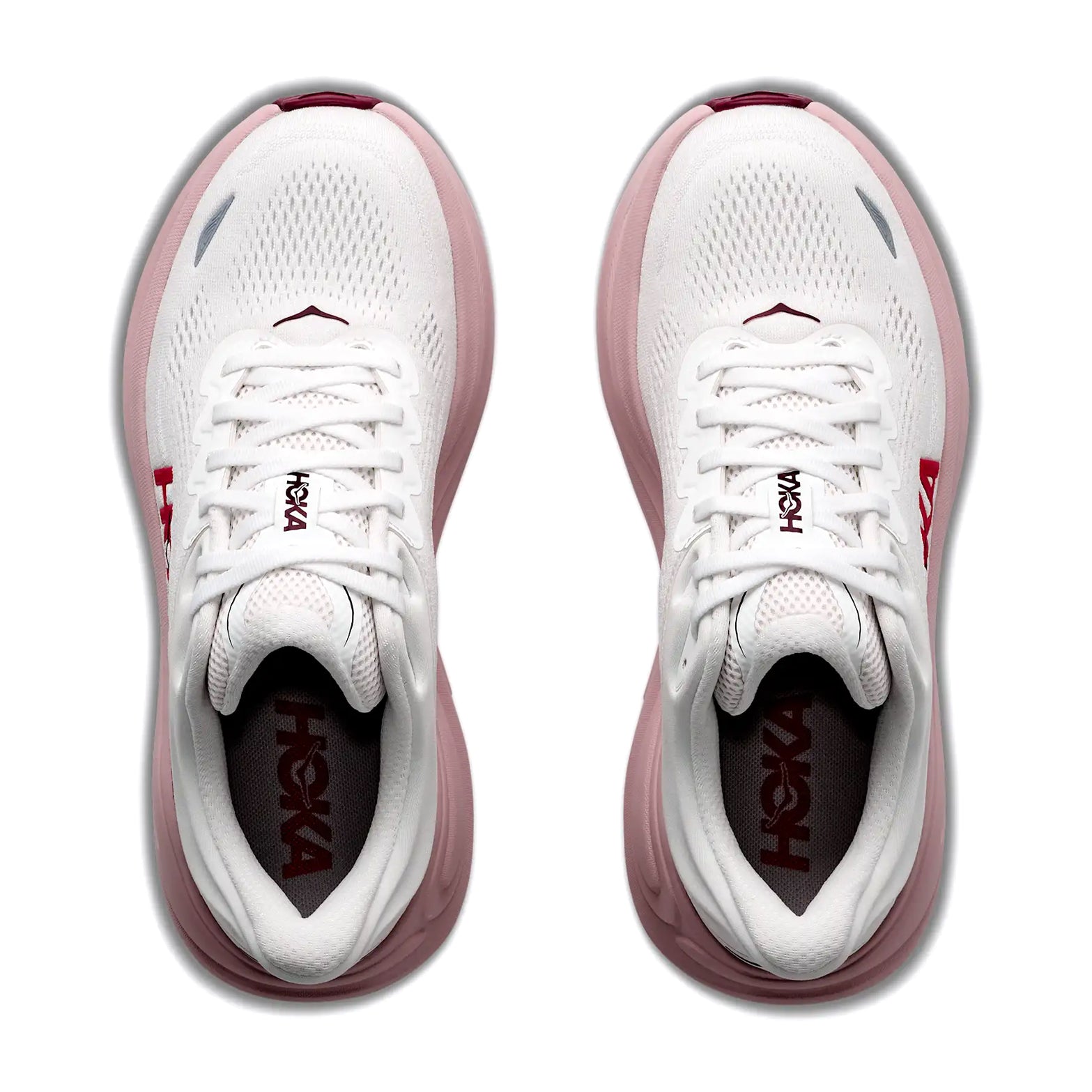 Women's HOKA Bondi 9 Running Shoes White Pink Opal top view showing engineered mesh upper with 55% recycled polyester and reflective details for accommodating fit during daily running