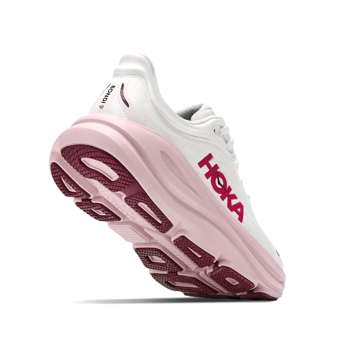 Women's HOKA Bondi 9 Running Shoes White Pink Opal angled side and heel view showing super critically foamed EVA with increased stack height, MetaRocker geometry and Durabrasion outsole for maximum cushioned road running