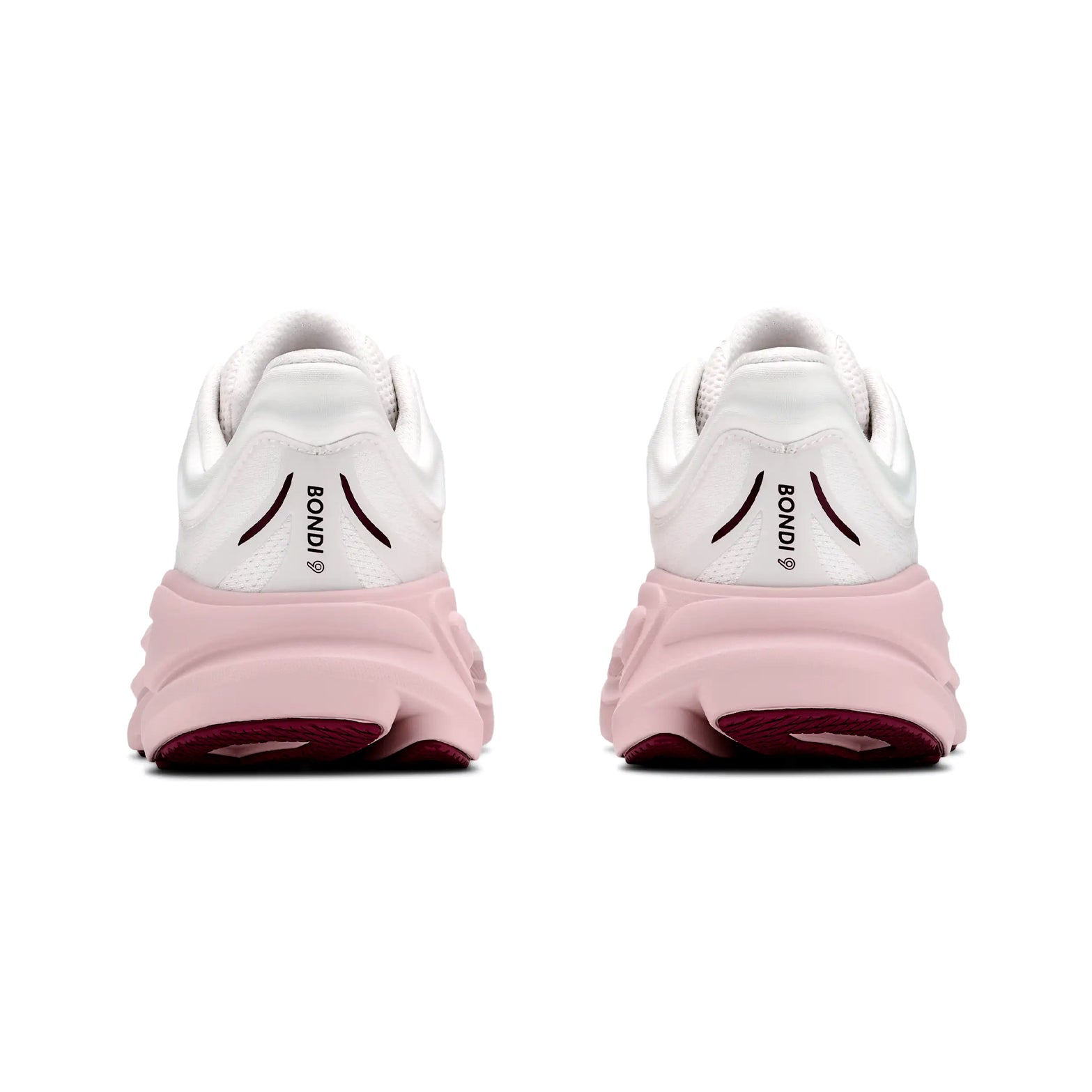 Women's HOKA Bondi 9 Running Shoes White Pink Opal heel view showing increased stack height with redesigned 3D moulded collar and extended heel pull for secure comfortable fit