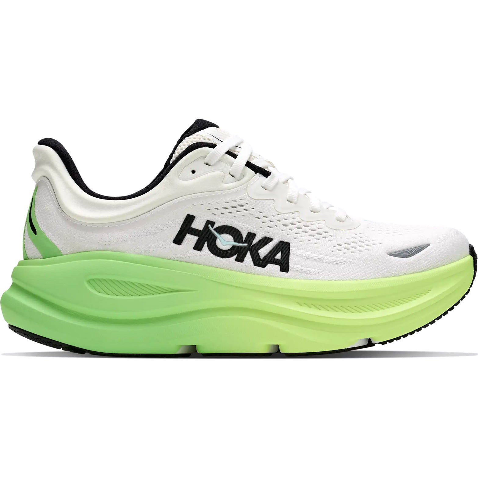 Women's HOKA Bondi 9 Wide Fit Running Shoes White Tart Apple outer side view showing super critically foamed EVA midsole with increased stack height and smooth MetaRocker geometry for maximum cushioned daily running