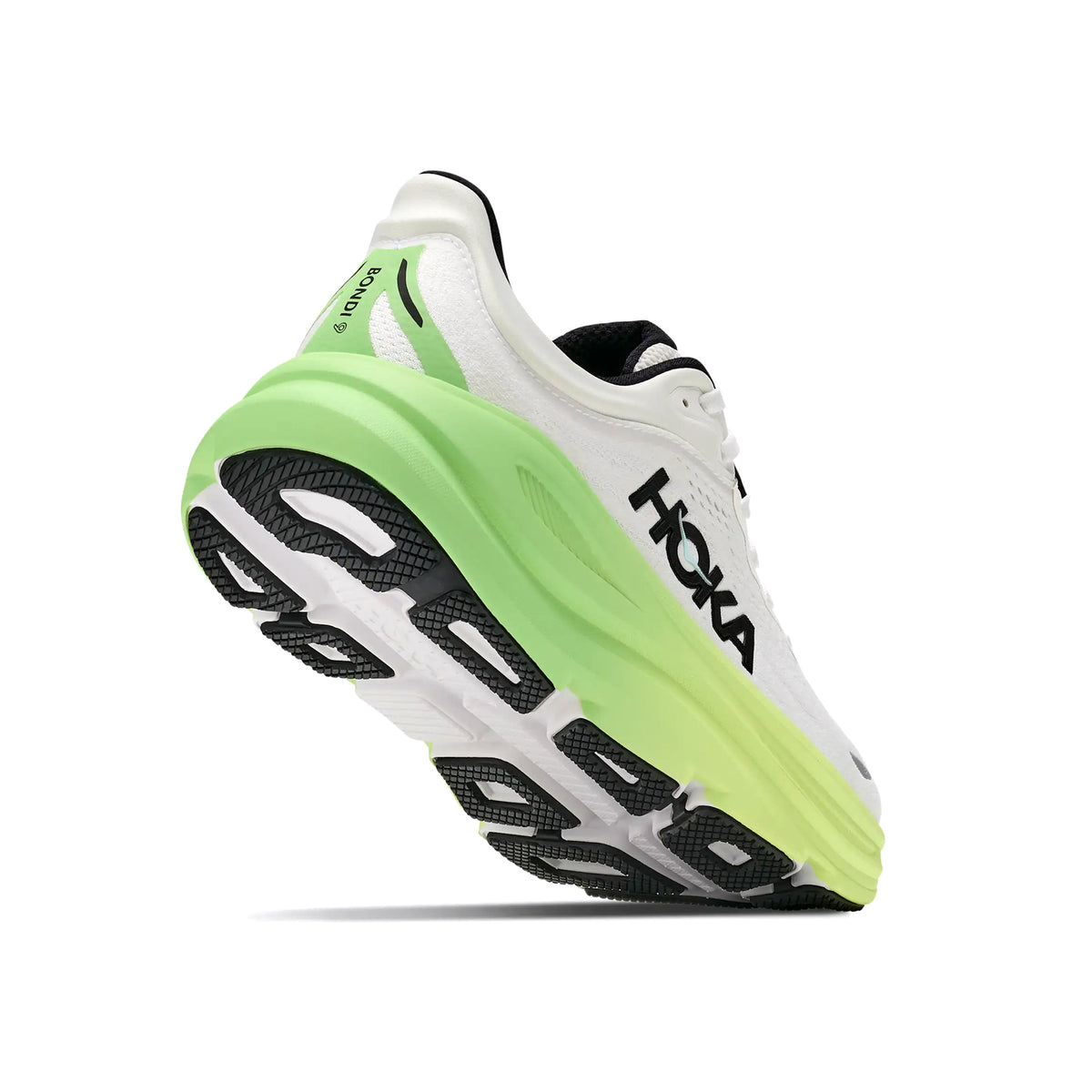 Women's HOKA Bondi 9 Wide Fit Running Shoes White Tart Apple angled side and heel view showing super critically foamed EVA with increased stack height, MetaRocker geometry and wide fit construction for maximum cushioned road running