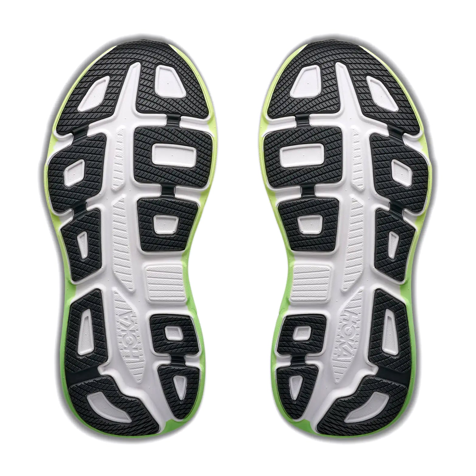 Women's HOKA Bondi 9 Wide Fit Running Shoes White Tart Apple sole view displaying Durabrasion rubber outsole with MetaRocker geometry and wide fit platform for effortless transitions during road running