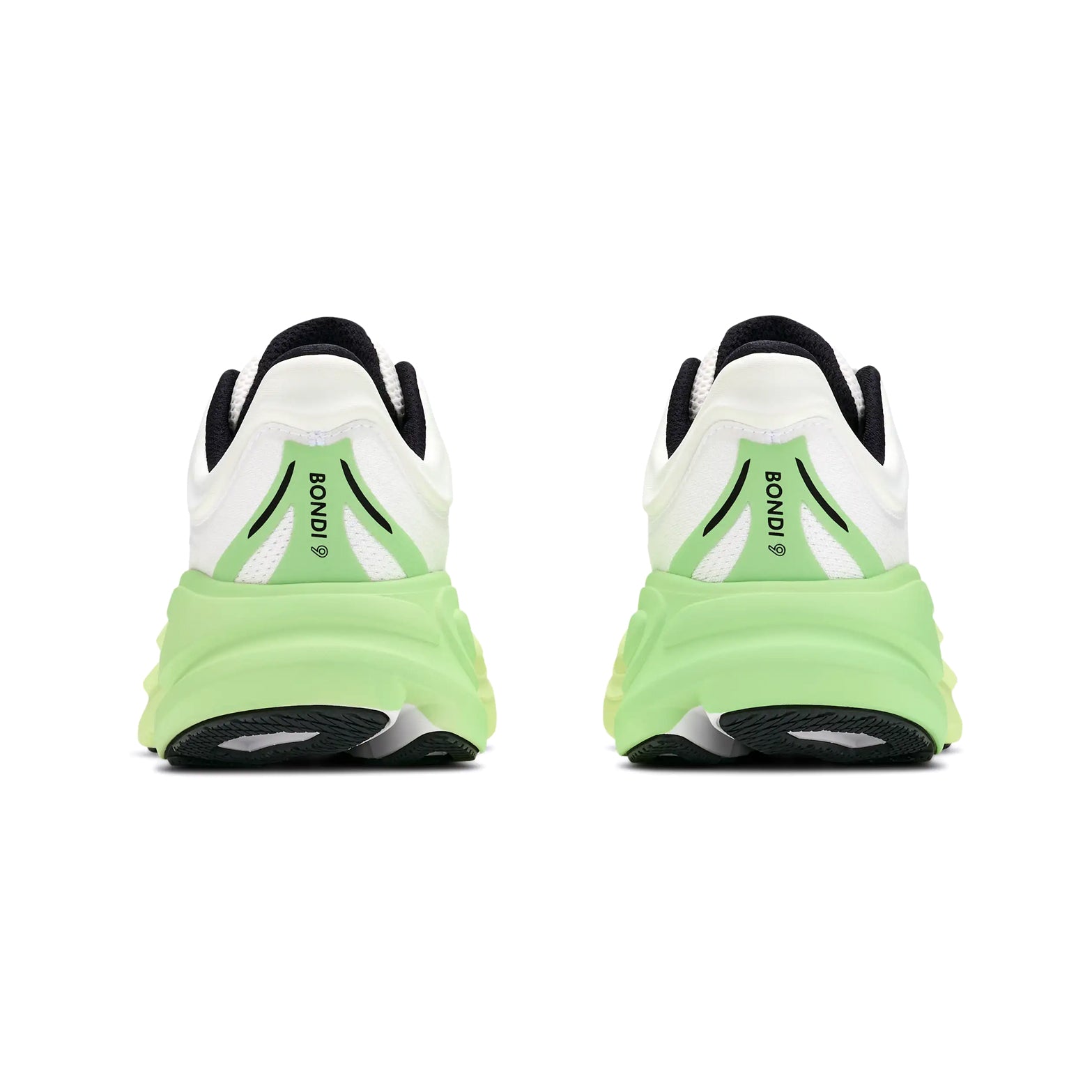 Women's HOKA Bondi 9 Wide Fit Running Shoes White Tart Apple heel view showing increased stack height with redesigned 3D moulded collar and extended heel pull for secure comfortable wide fit