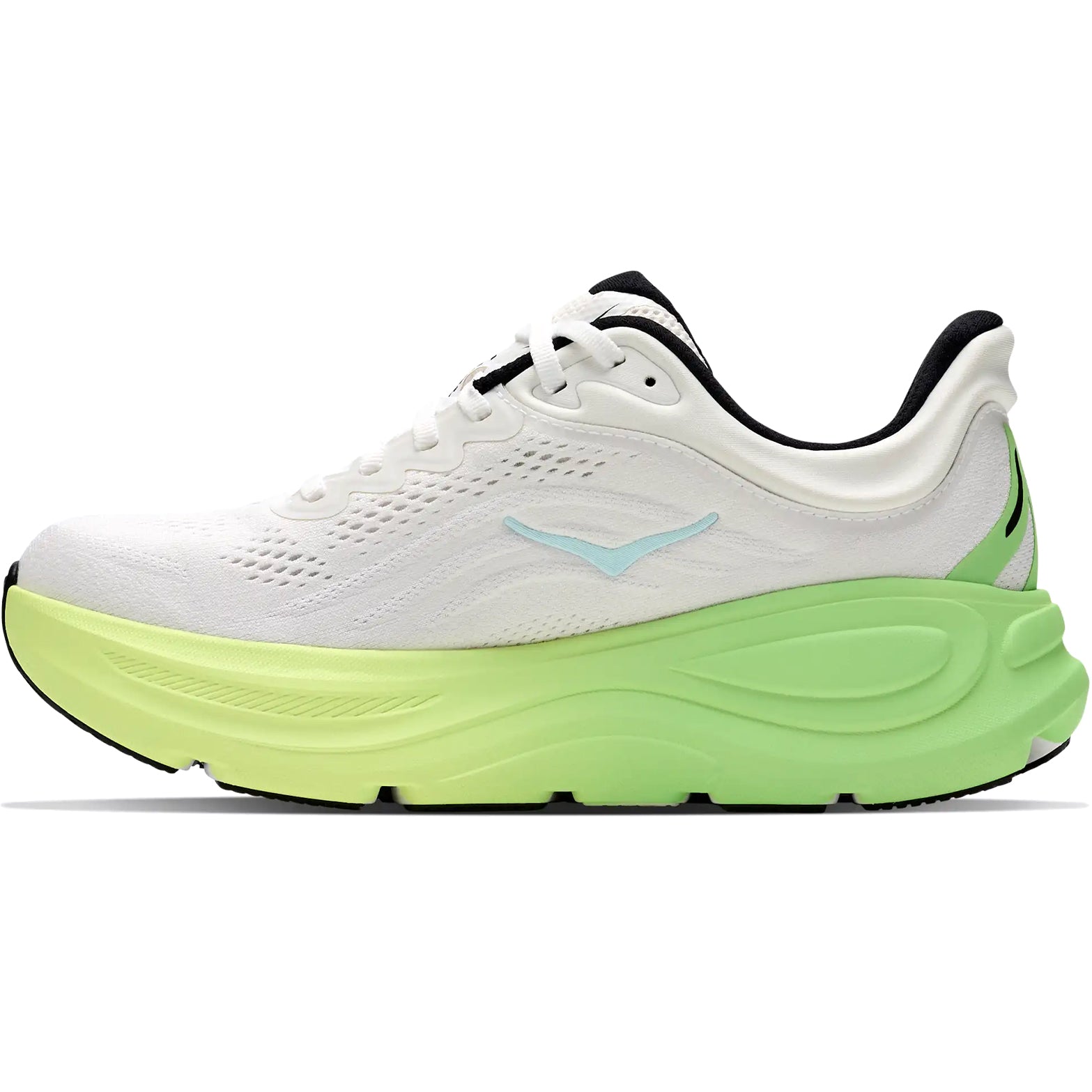 Women's HOKA Bondi 9 Wide Fit Running Shoes White Tart Apple inner side view showing Active Foot Frame rearfoot stability with super critical EVA foam and wide fit construction for plush comfortable running