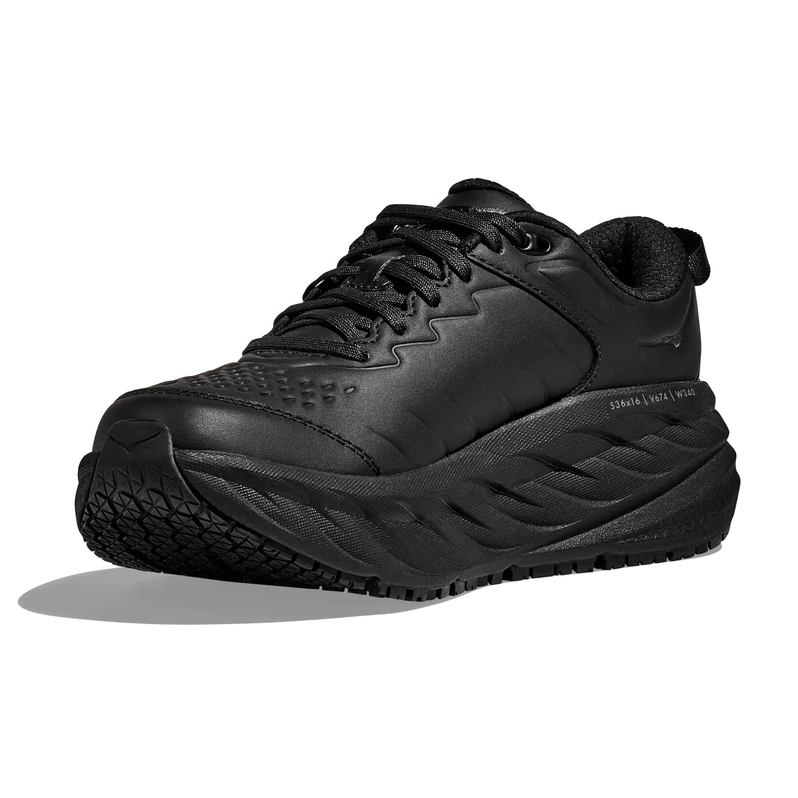 Women's HOKA Bondi SR Shoes Black Black inner angled view showing slip-resistant rubber outsole, memory foam collar and Early stage MetaRocker geometry