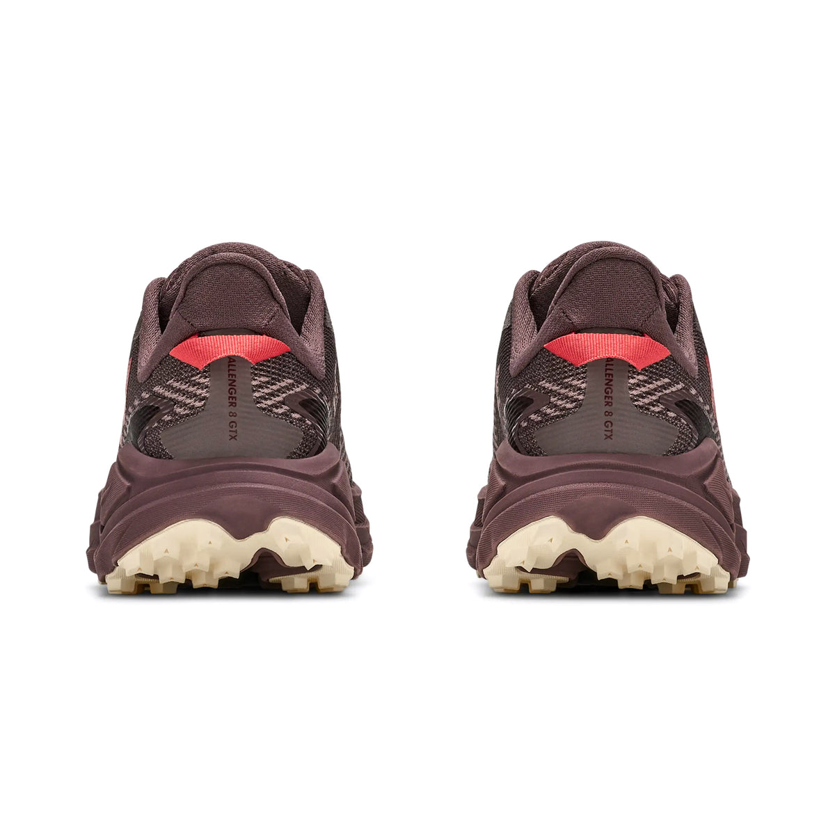 The back view of a pair of dark purple and cream Women’s Challenger 8 GORE-TEX Trail Running Shoes, featuring thick cushioned soles with deep lugs and a small red accent tab on the heel.