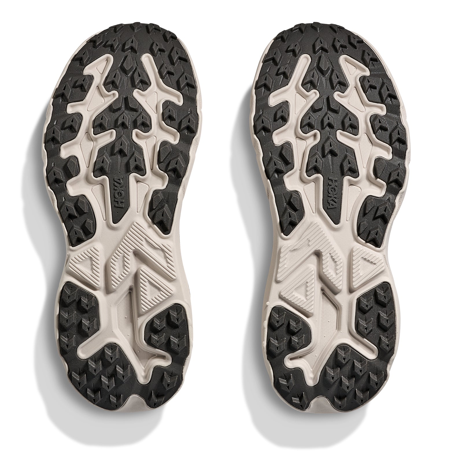 Women's HOKA Challenger 8 Wide Fit Trail Running Shoes Stucco Asphalt Grey sole view displaying trail outsole with grip pattern for mixed terrain traction