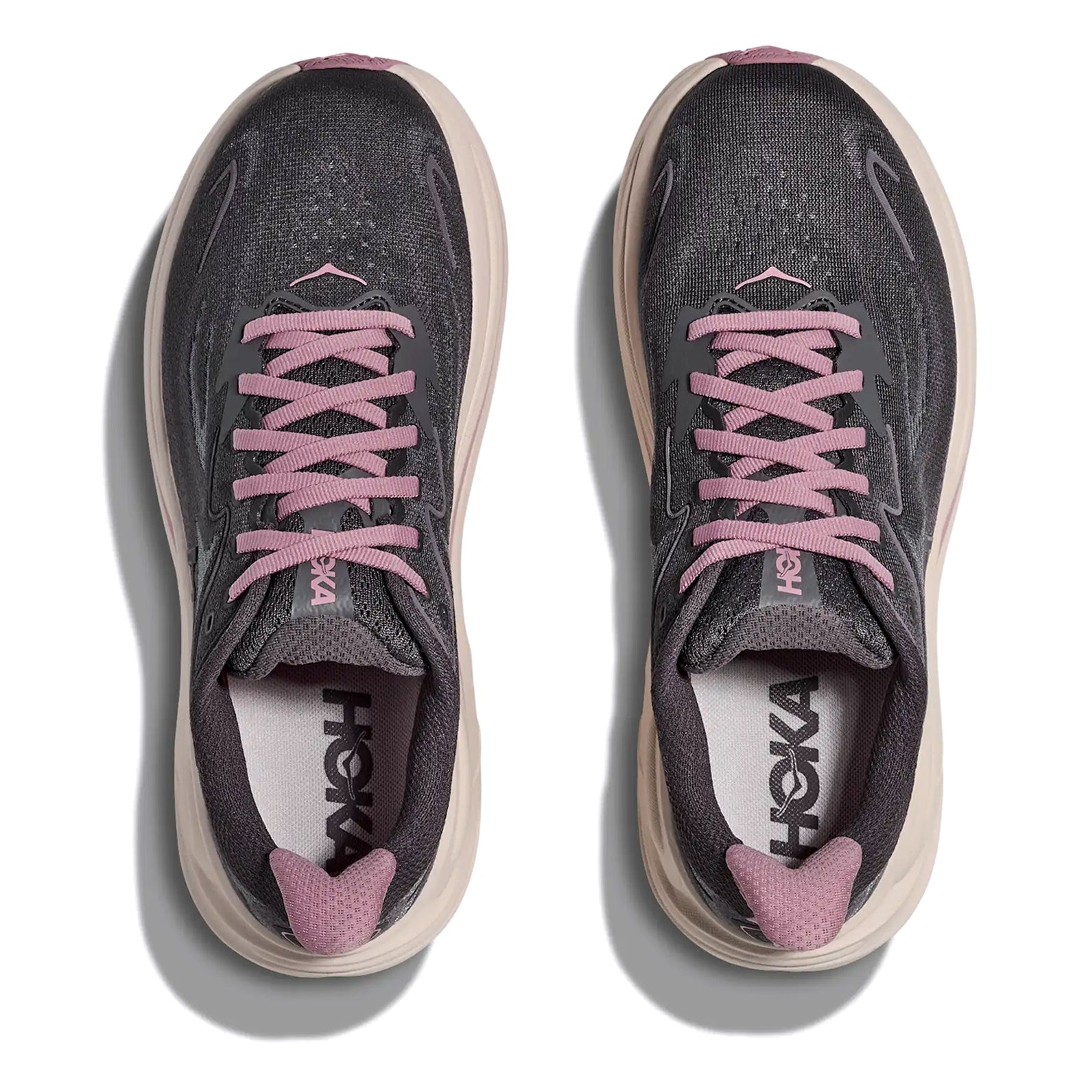 Women's Clifton 10 Running Shoes Galaxy Dried Rose pair top view showing breathable jacquard knit upper