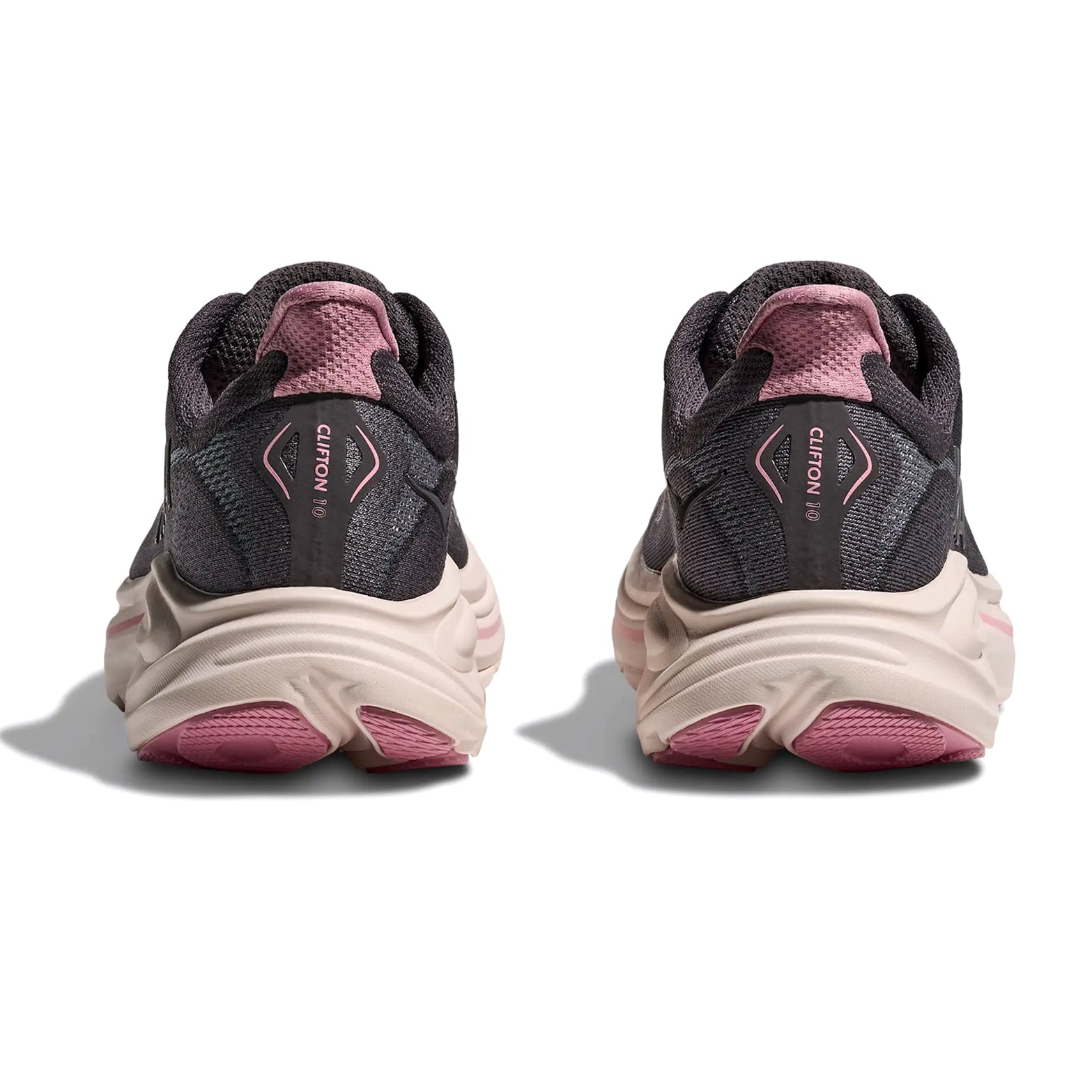 Women's Clifton 10 Running Shoes Galaxy Dried Rose pair heel view with Active Foot Frame™ technology
