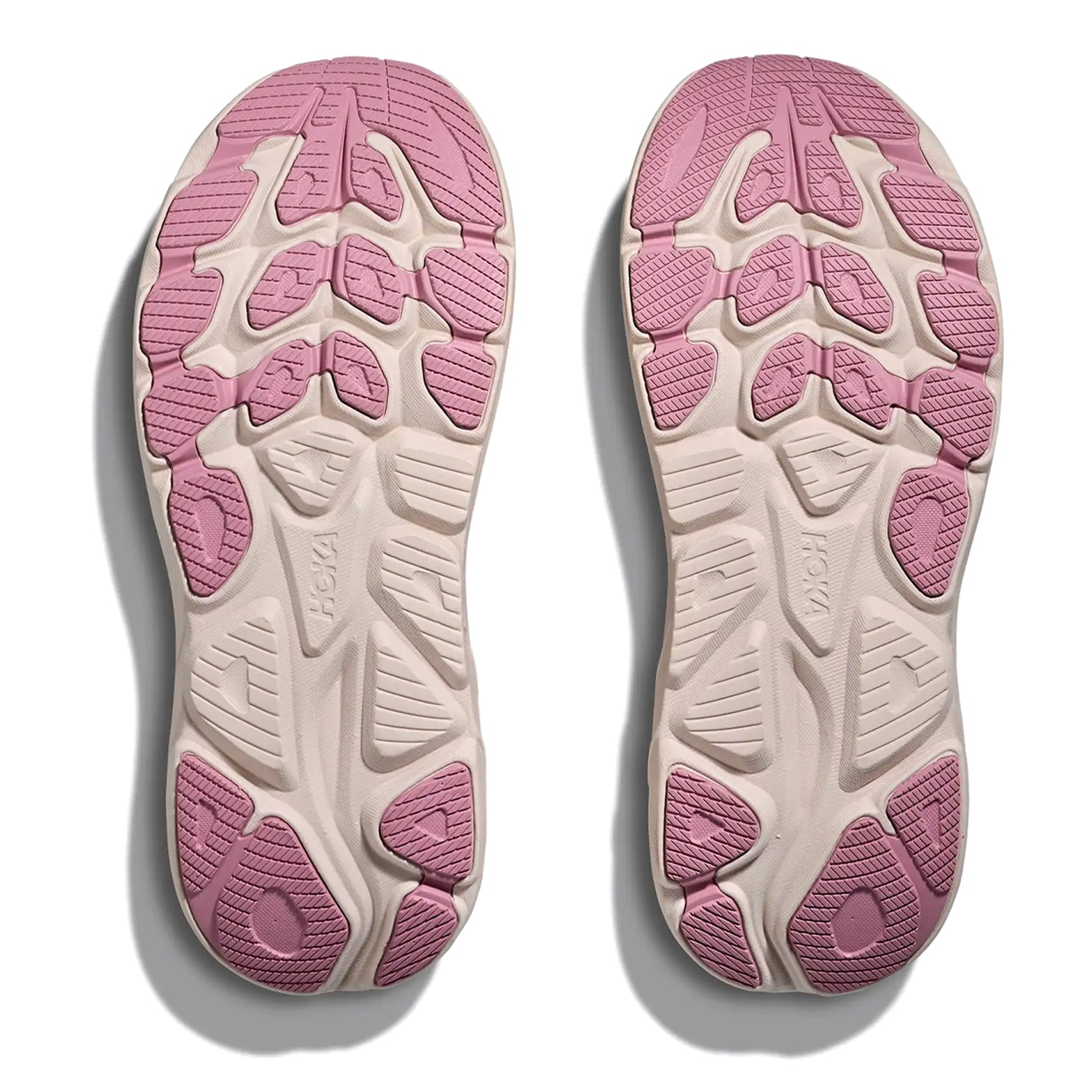 Women's Clifton 10 Running Shoes Galaxy Dried Rose pair sole view displaying durable abrasion rubber outsole