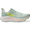 HOKA Clifton 10 Wide Fit women's running shoe in Sea Glass / Neon Flame — outer view showing sea glass jacquard knit upper with neon flame orange midsole detailing and abrasion rubber outsole