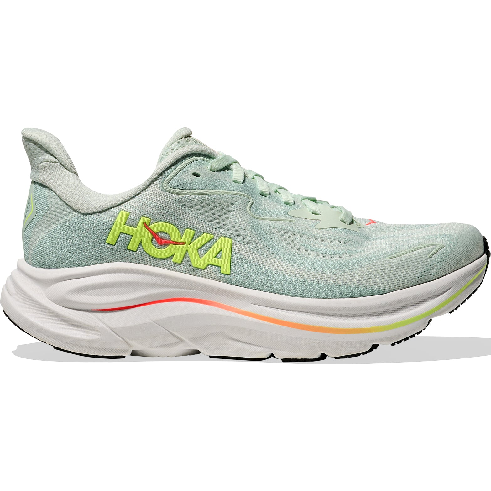 HOKA Clifton 10 Wide Fit women's running shoe in Sea Glass / Neon Flame — outer view showing sea glass jacquard knit upper with neon flame orange midsole detailing and abrasion rubber outsole