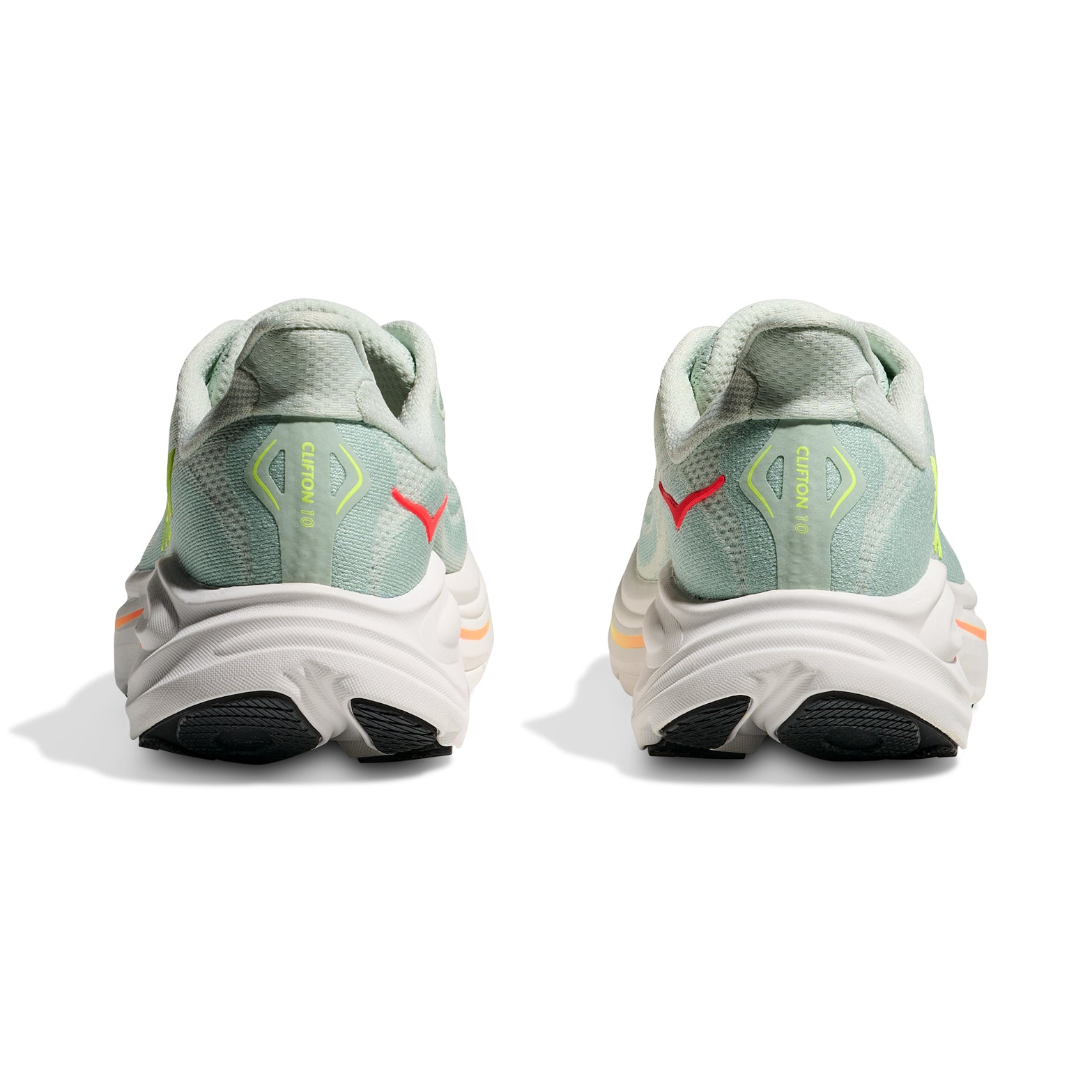 HOKA Clifton 10 Wide Fit women's running shoe in Sea Glass / Neon Flame — heel view showing Active Foot Frame construction, padded collar and neon flame orange midsole contrast