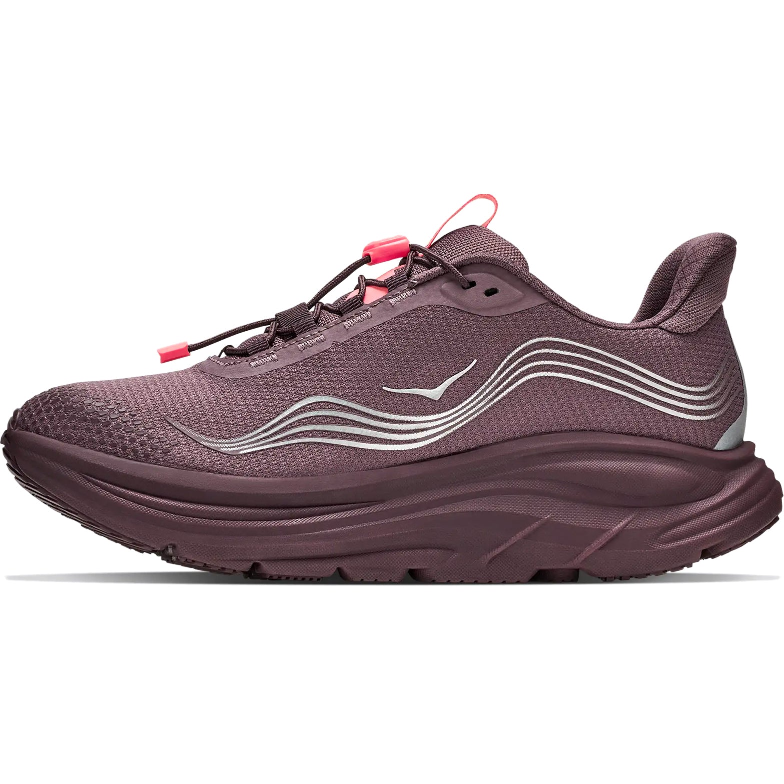 A pair of Women’s Hoka Clifton 11 GORE-TEX Running Shoes in Smoky Quartz / Deep Mauve, featuring a thick sole, silver wave designs on the sides, and pink lace accents. Displayed in a side view against a white background, this is one of the latest waterproof running shoes from Hoka.
